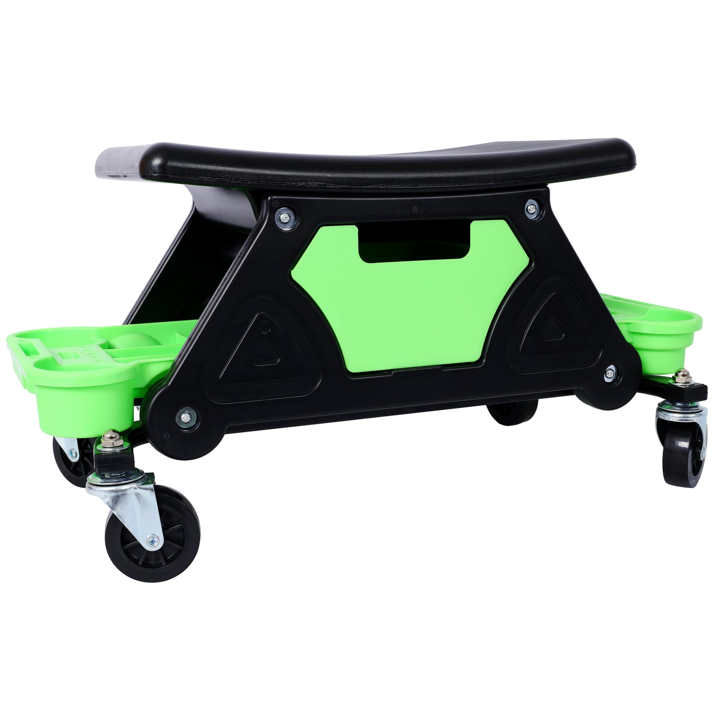 Black and green rolling creeper seat with storage compartments