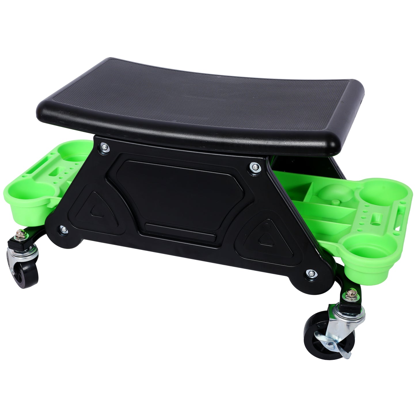 Rolling creeper seat with black padded top and green tool trays