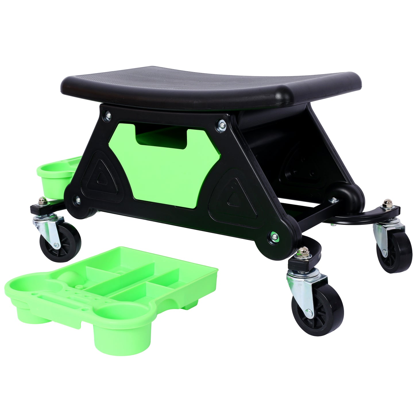 Black and green rolling creeper seat with storage compartments