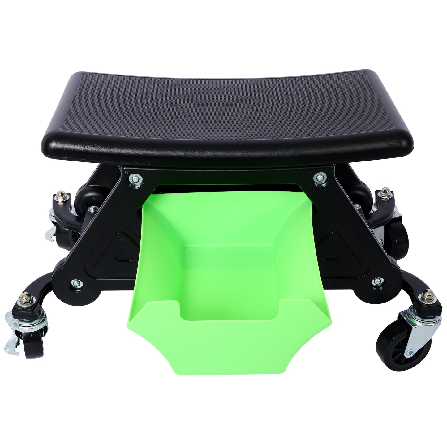 Black rolling creeper seat with a green tray for mechanic tools