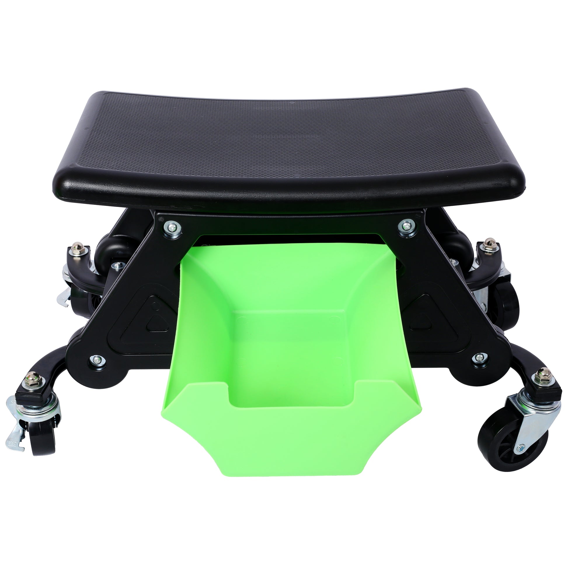 Black rolling creeper seat with a green tray for mechanic tools