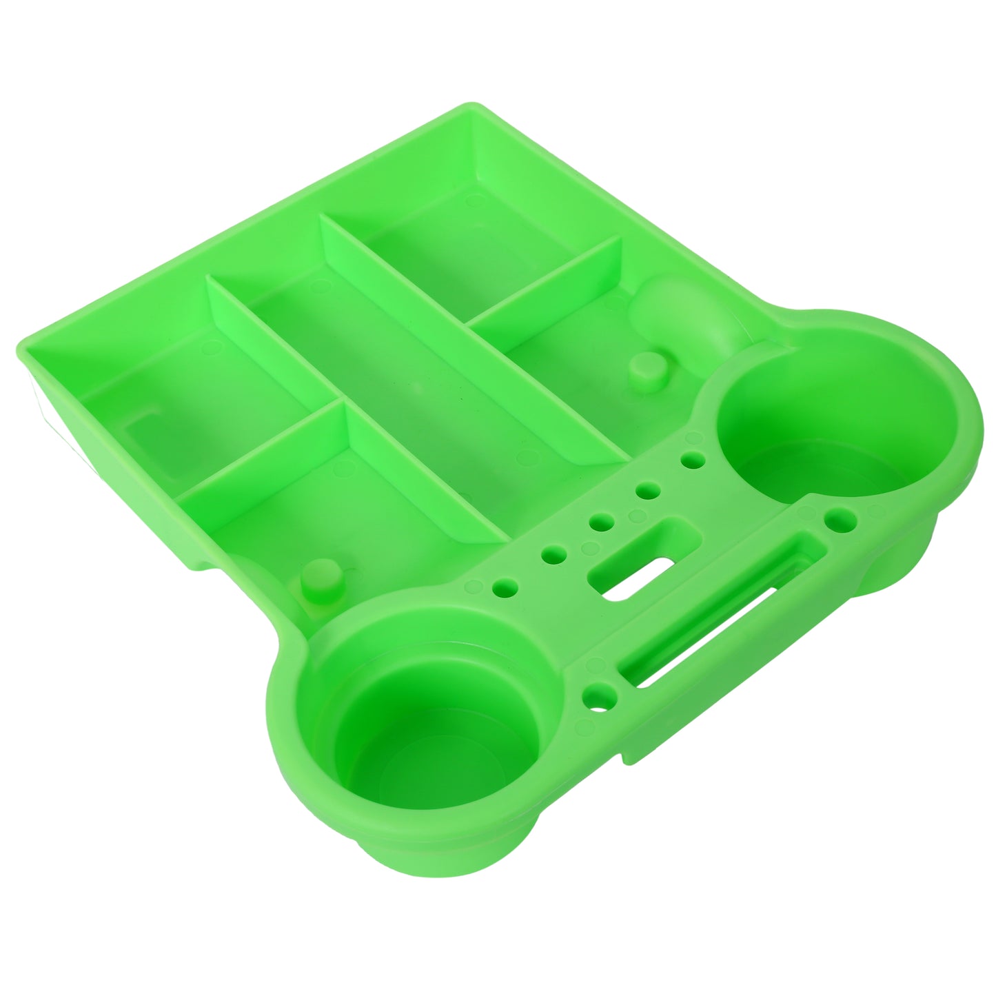 Bright green plastic desk organizer with multiple compartments and cup holders