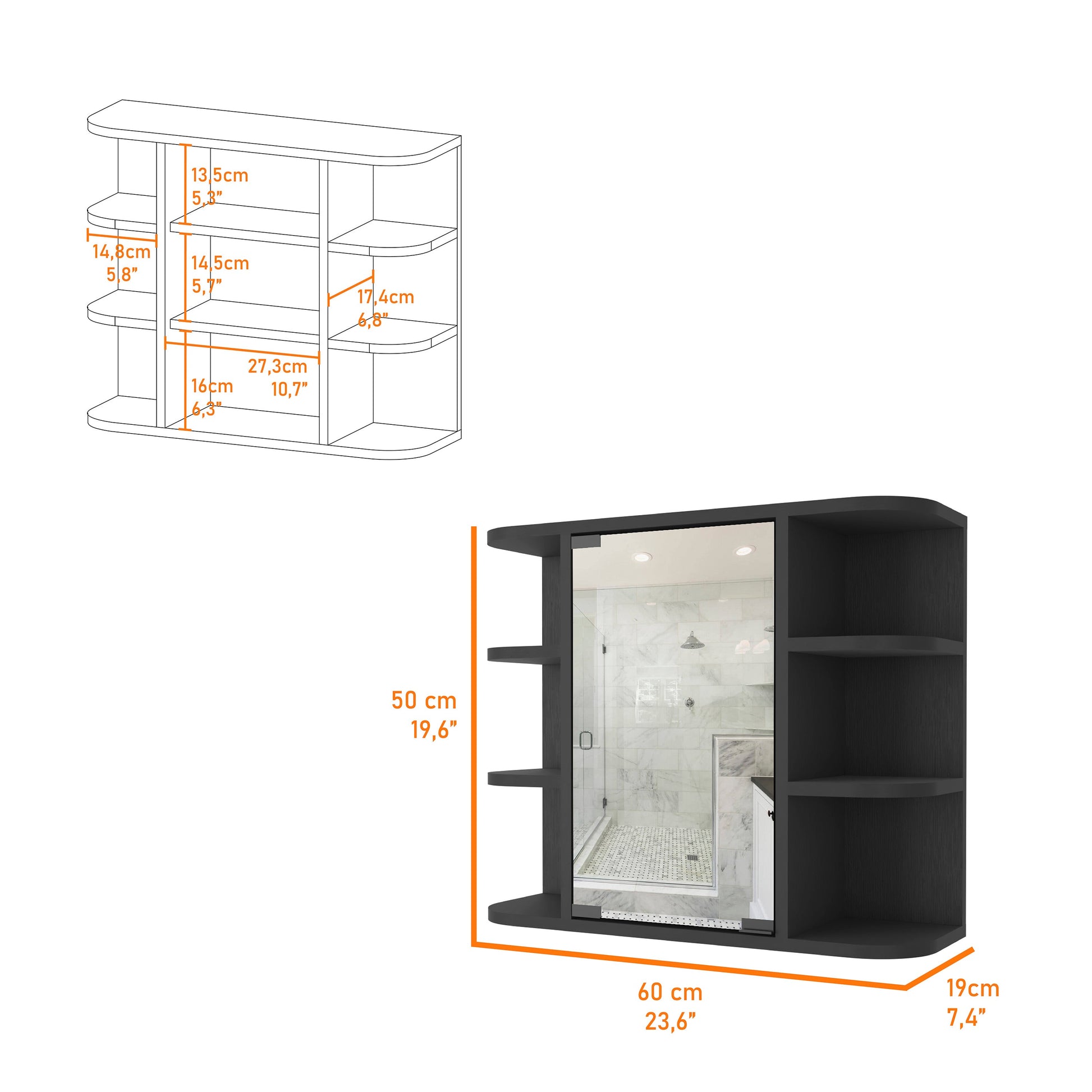 Black wooden medicine cabinet with mirrored door and open shelving cm width