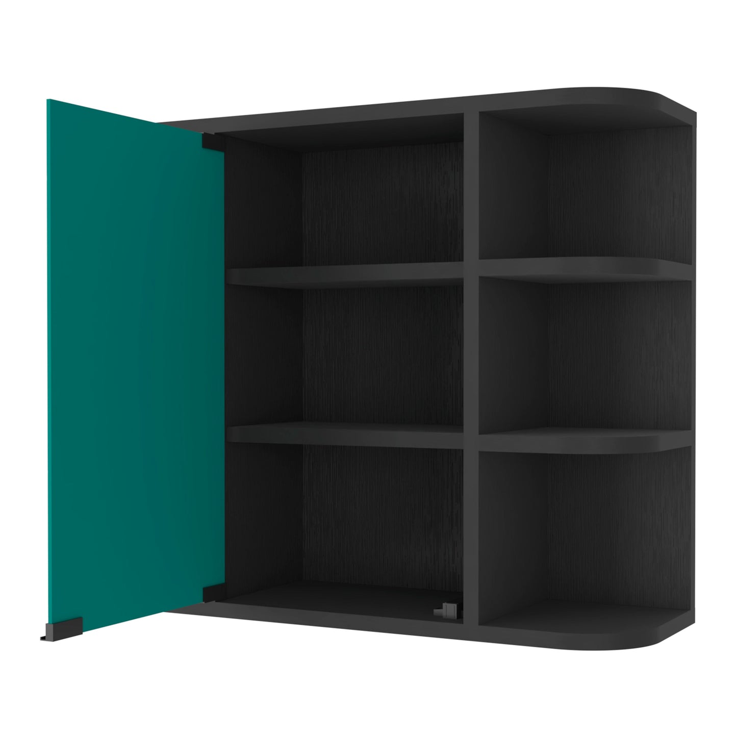 Dark grey modular shelving unit with teal door open design