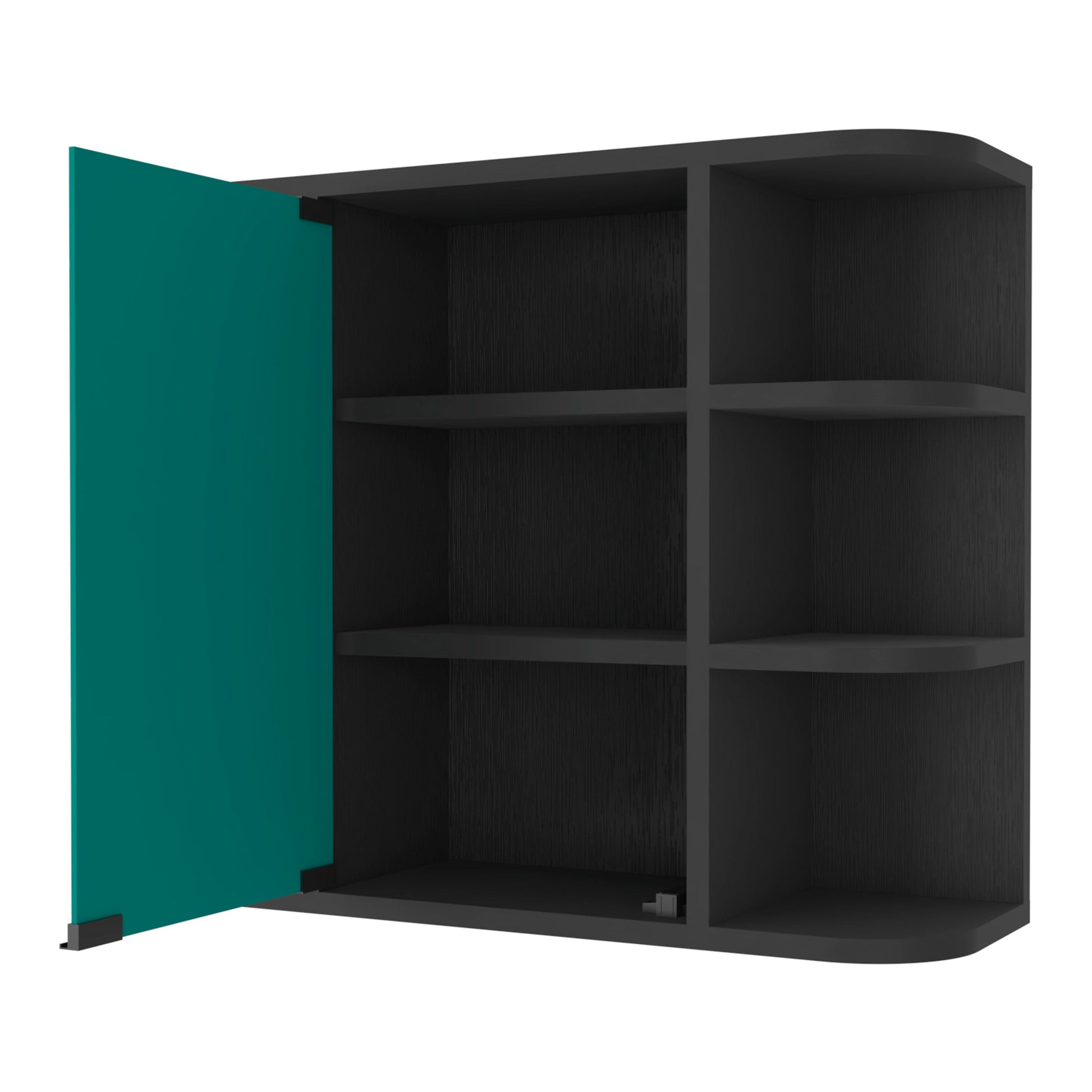 Dark grey modular shelving unit with teal door open design