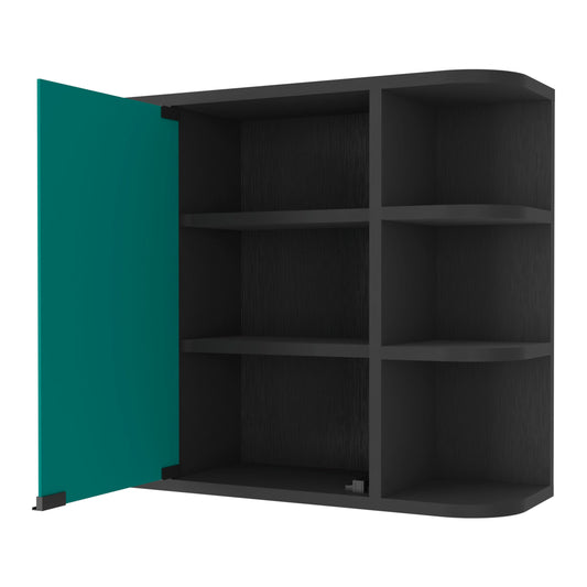 Dark grey modular shelving unit with teal door open design