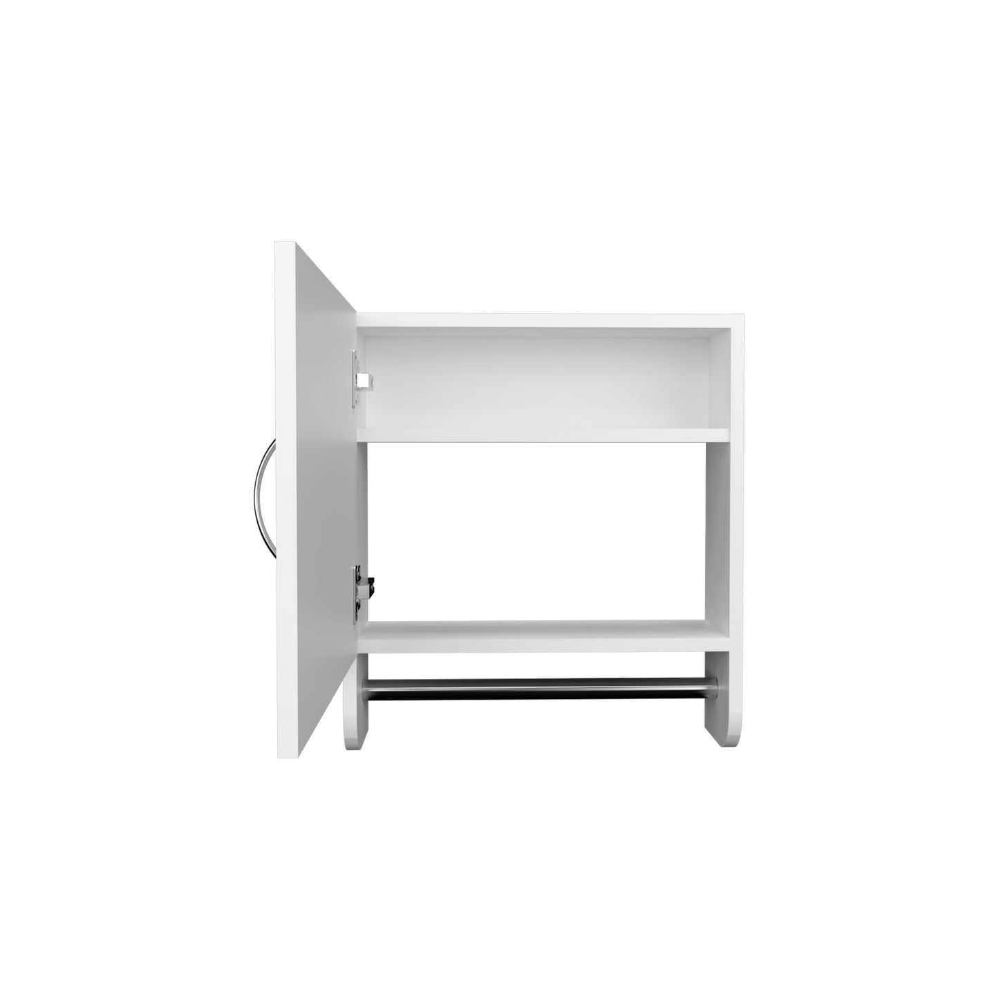 White wall cabinet with open door showing two shelves and towel bar