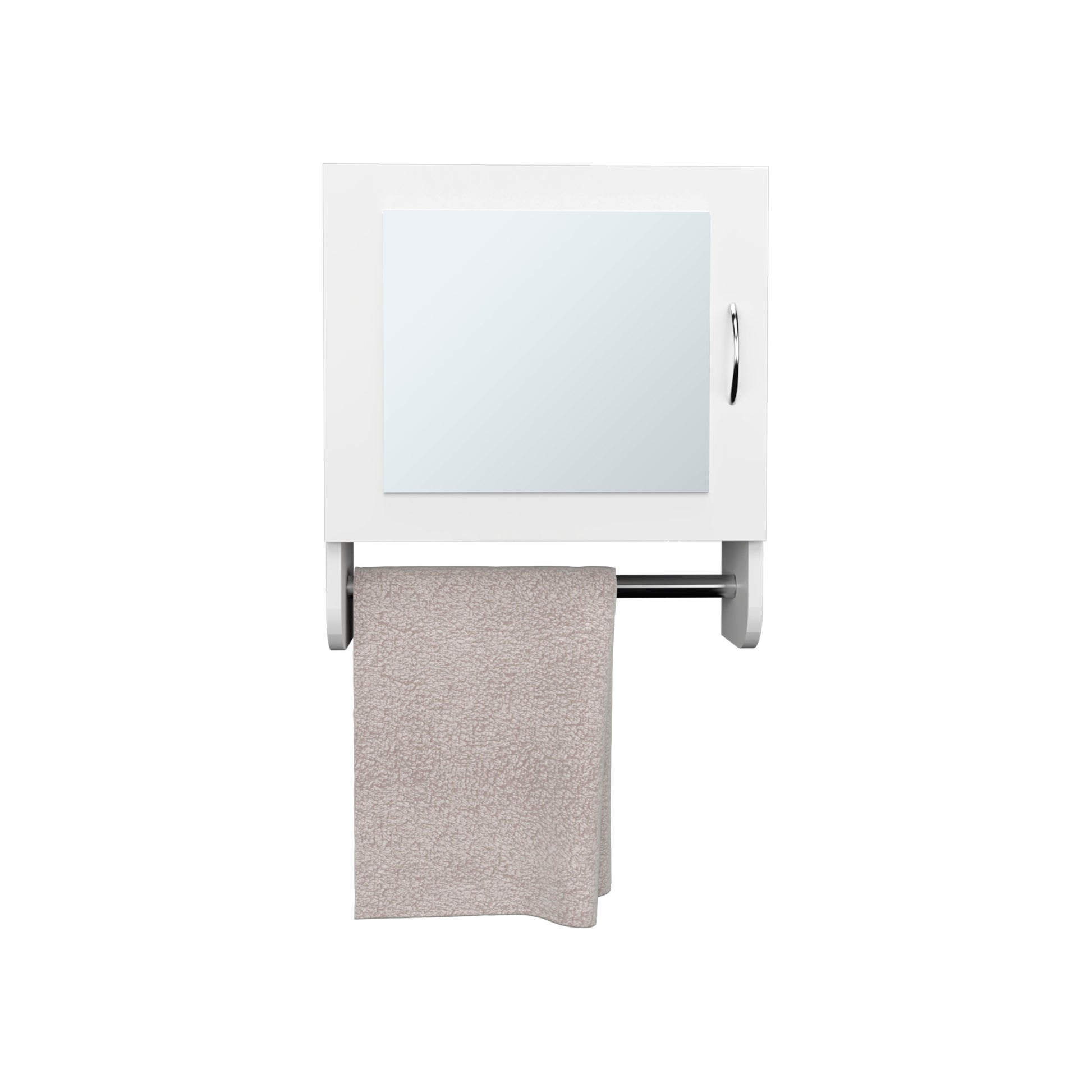 White minimalist bathroom cabinet with integrated towel bar and beige fluffy towel
