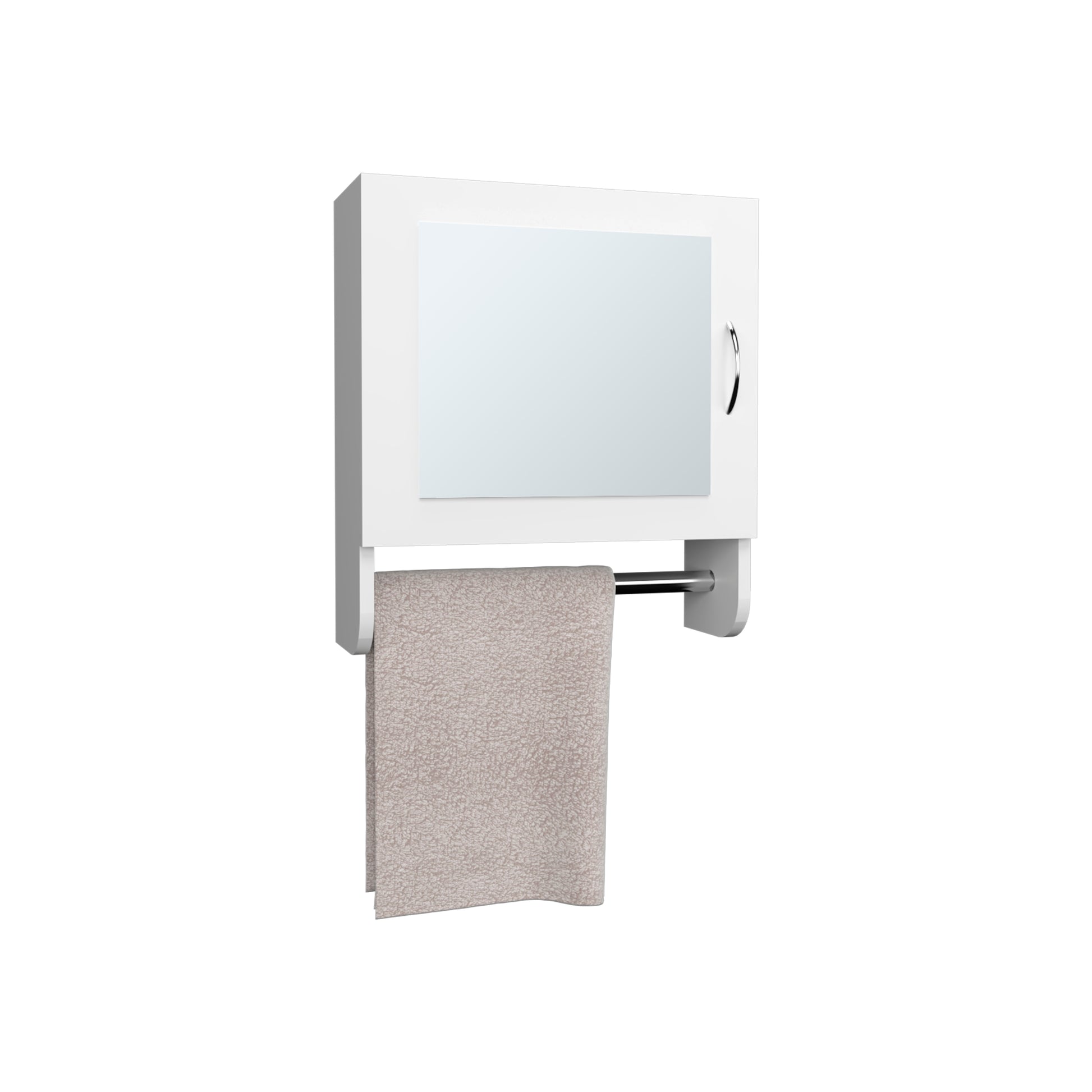 White bathroom medicine cabinet with mirrored door and chrome towel bar