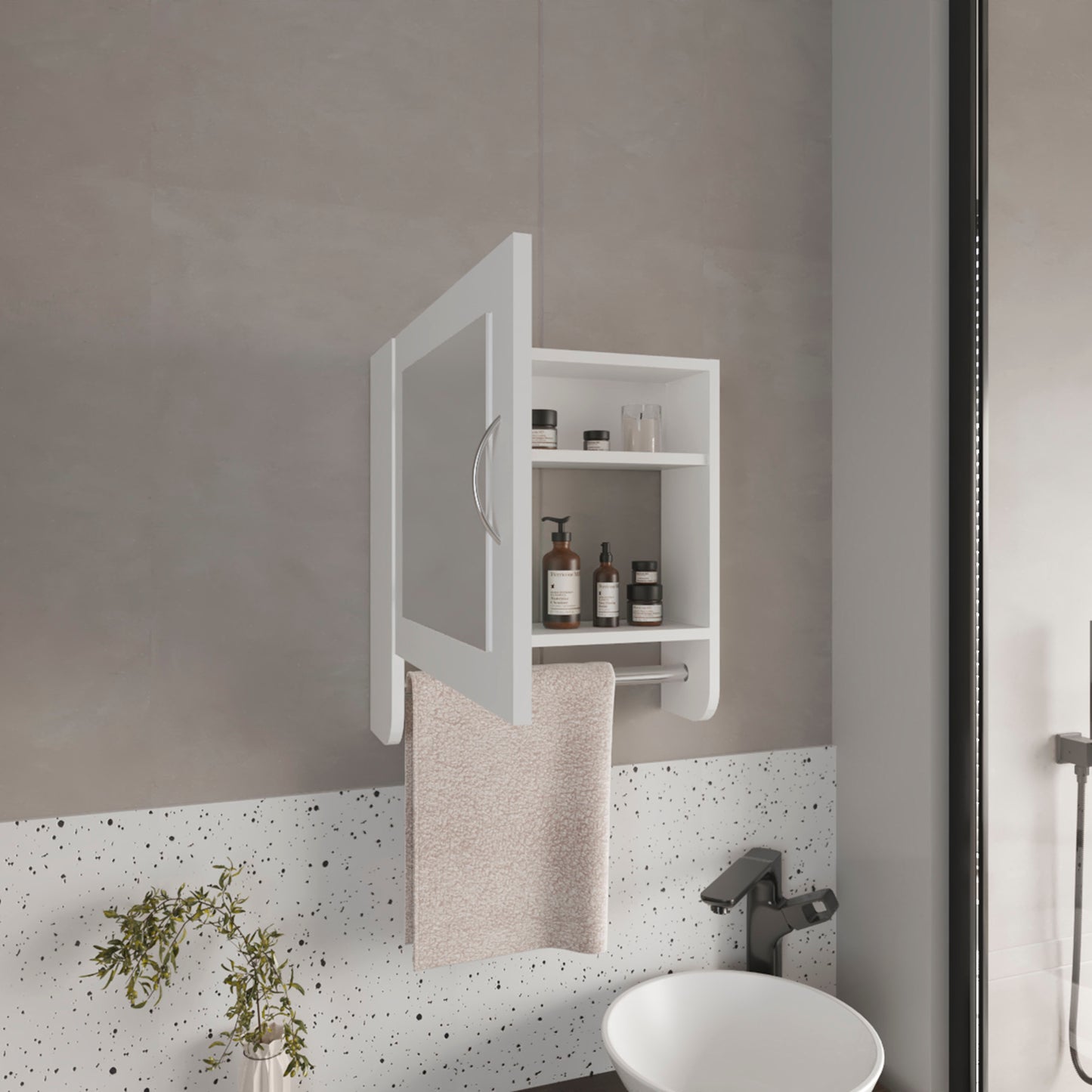 White wallmounted medicine cabinet with mirrored door and towel bar modern bathroom storage