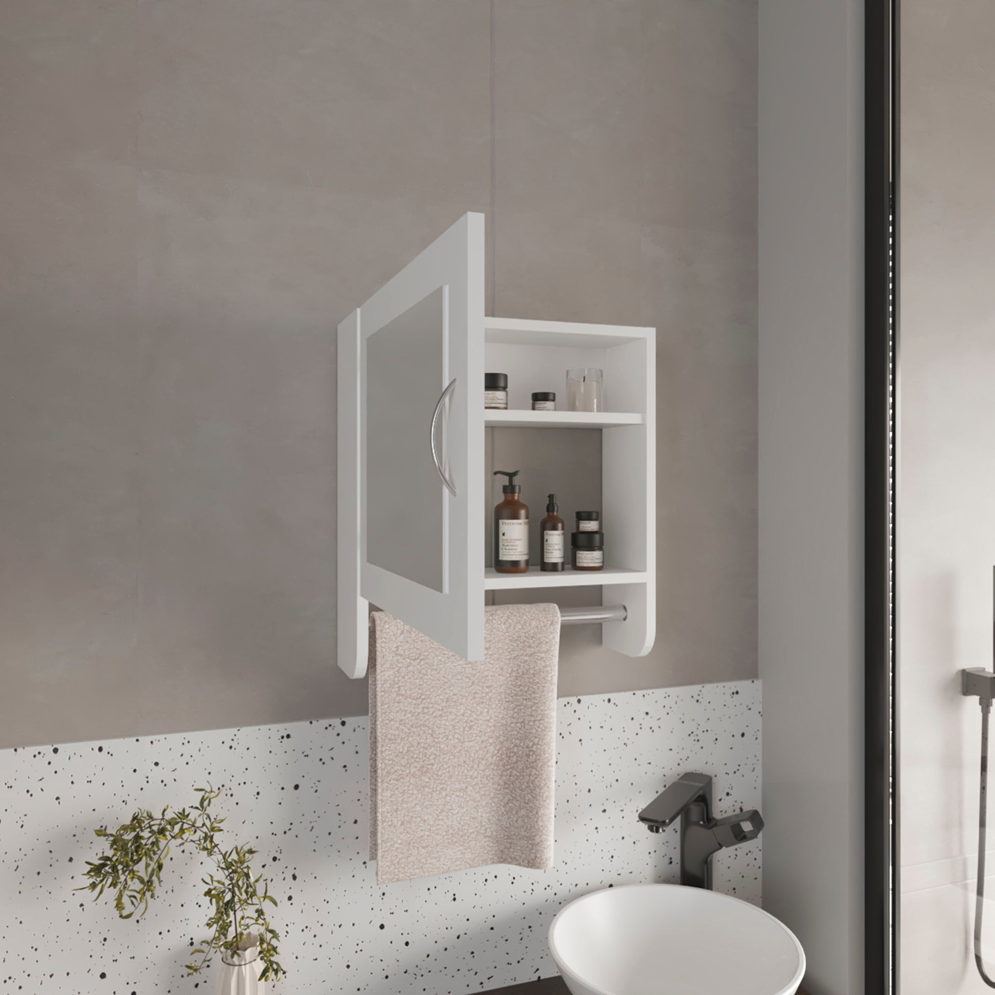 White wallmounted medicine cabinet with mirrored door and towel bar modern bathroom storage