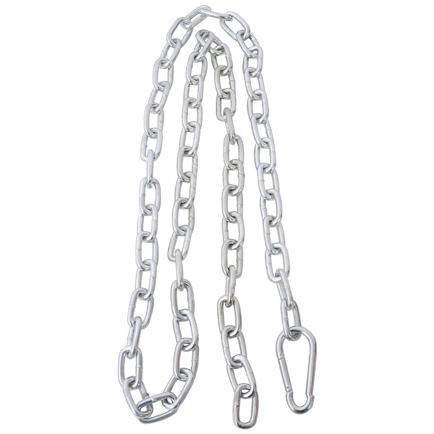 Silver metal chain with multiple strands and a carabiner clip ideal for hanging heavy items