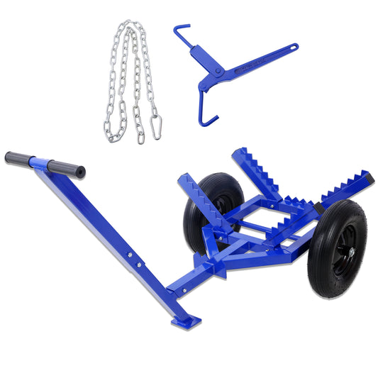 Blue metal drum dolly with pneumatic tires and handle includes chain and clamp