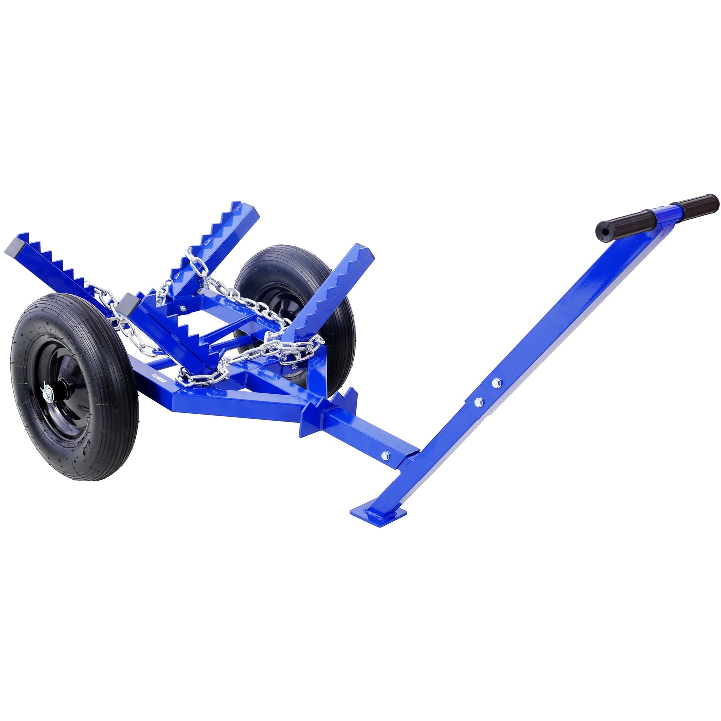 Blue steel motorcycle stand with wheels and chains for secure storage and transport