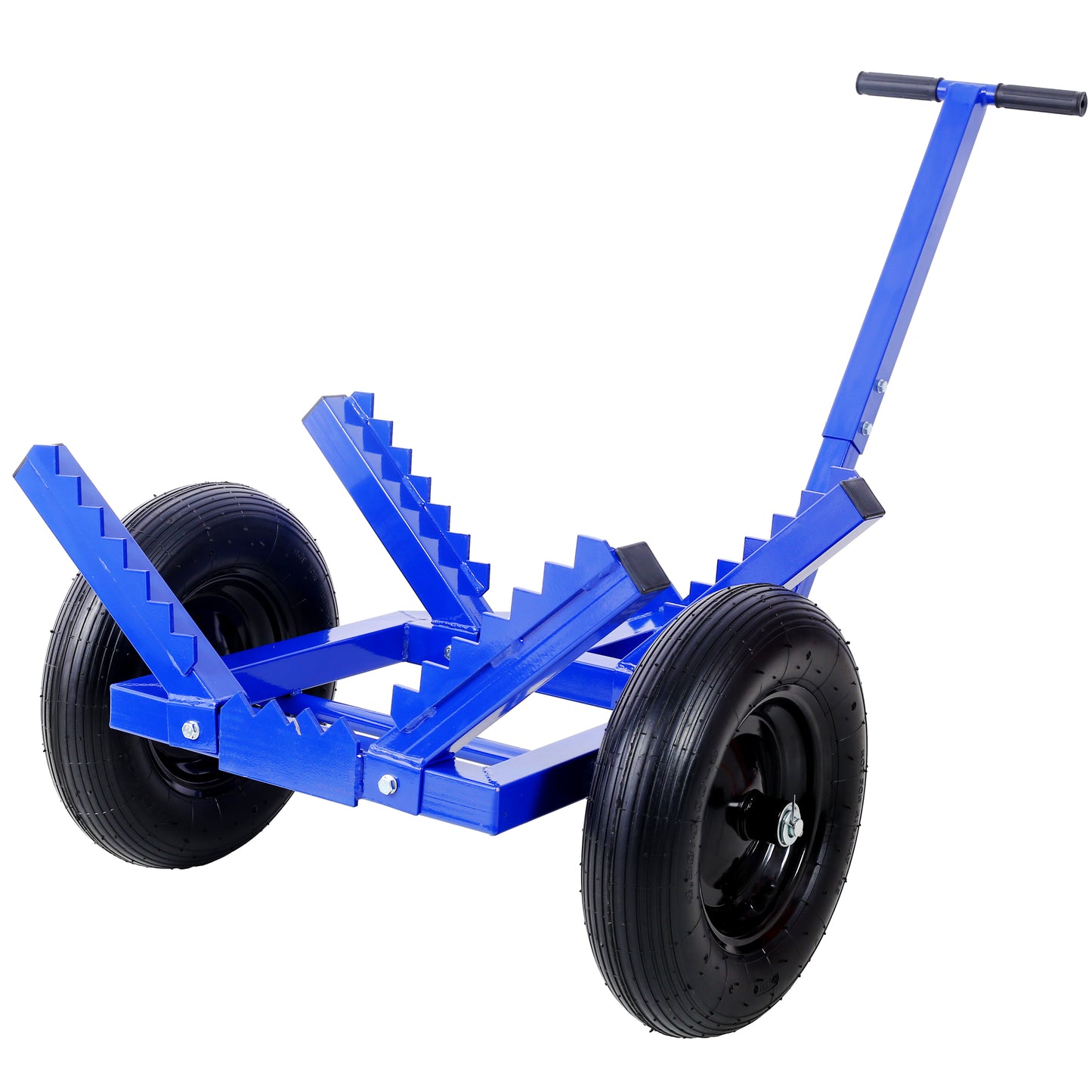Blue steel motorcycle stand with two pneumatic tires and a Thandle for easy maneuverability