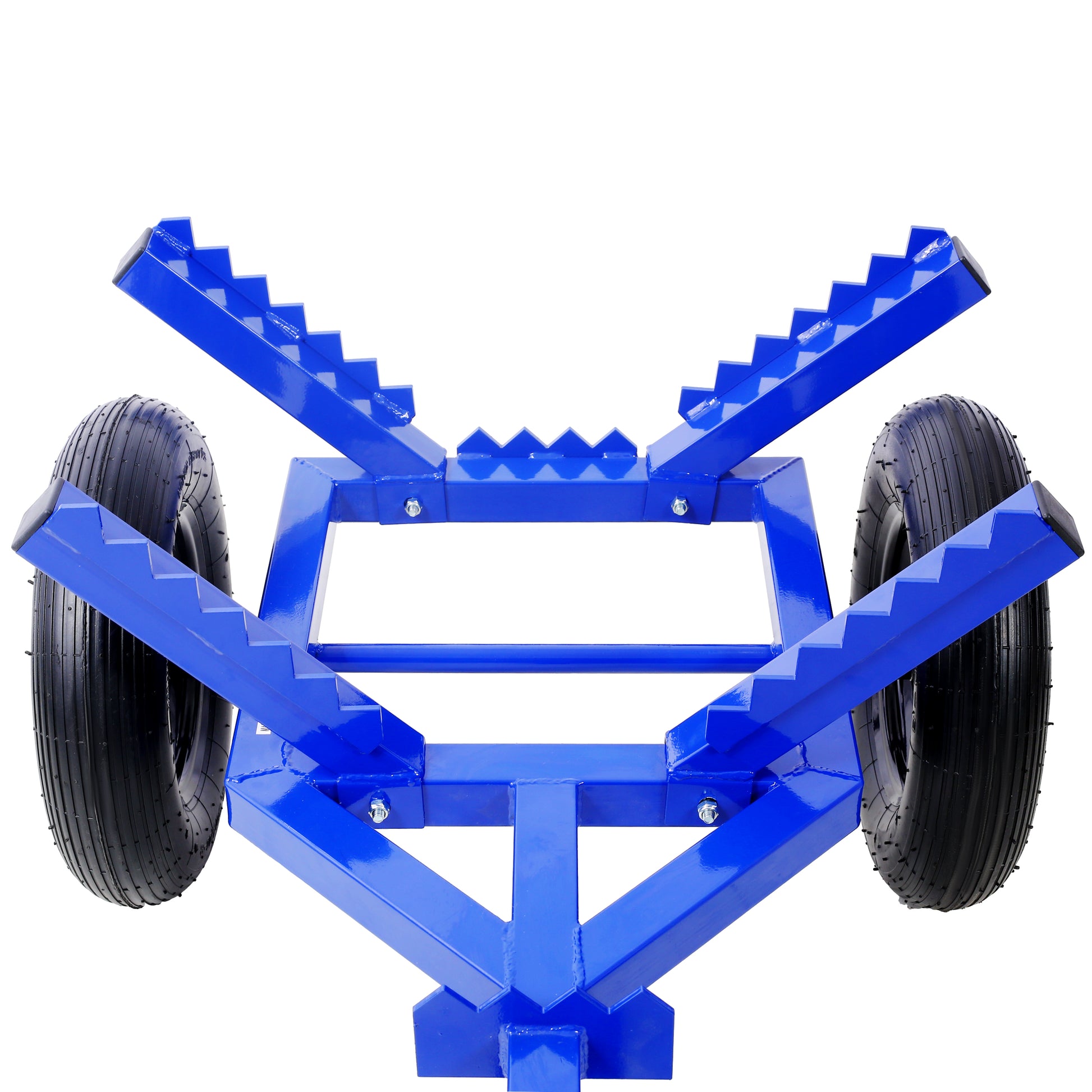 Blue steel boat trailer frame with two inflatable tires