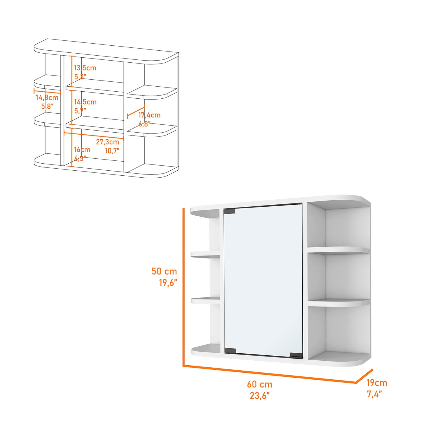 White wallmounted bathroom cabinet with mirrored door and three open shelves on the right