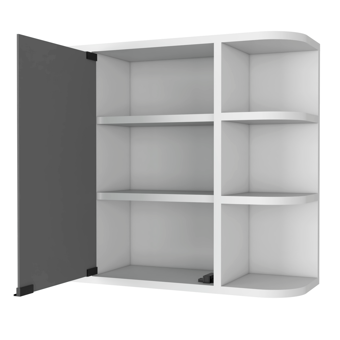 White modular storage cube with one dark grey door open showcasing four shelves