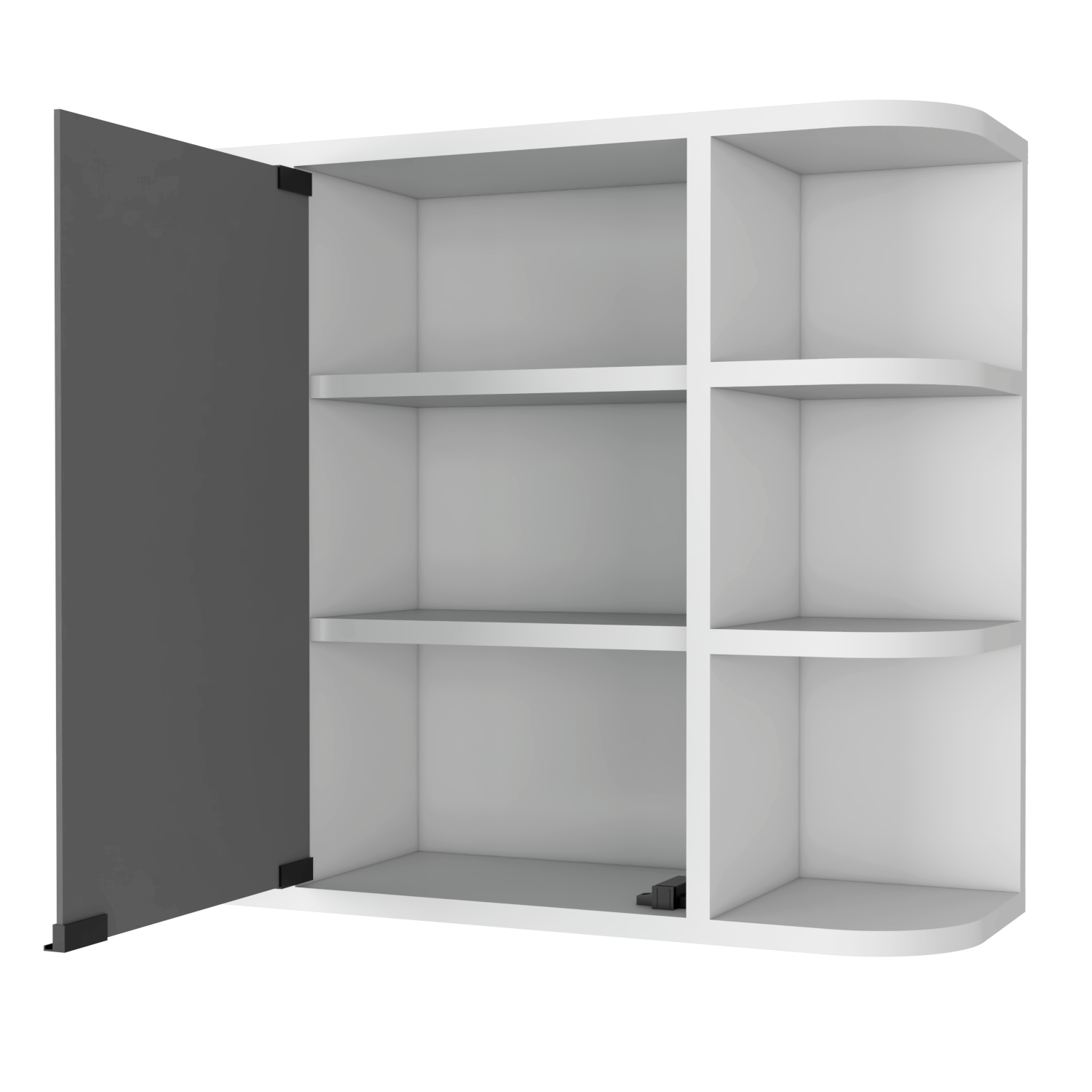 White modular storage cube with one dark grey door open showcasing four shelves