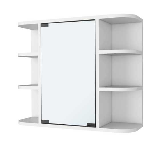 White modern medicine cabinet with mirrored door and open shelving
