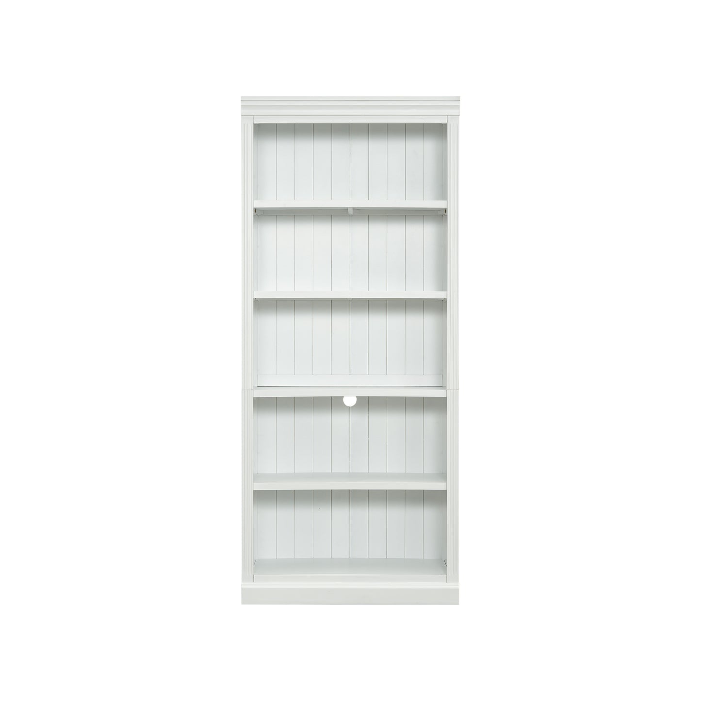 White tall bookshelf with five adjustable shelves and cable management cutout