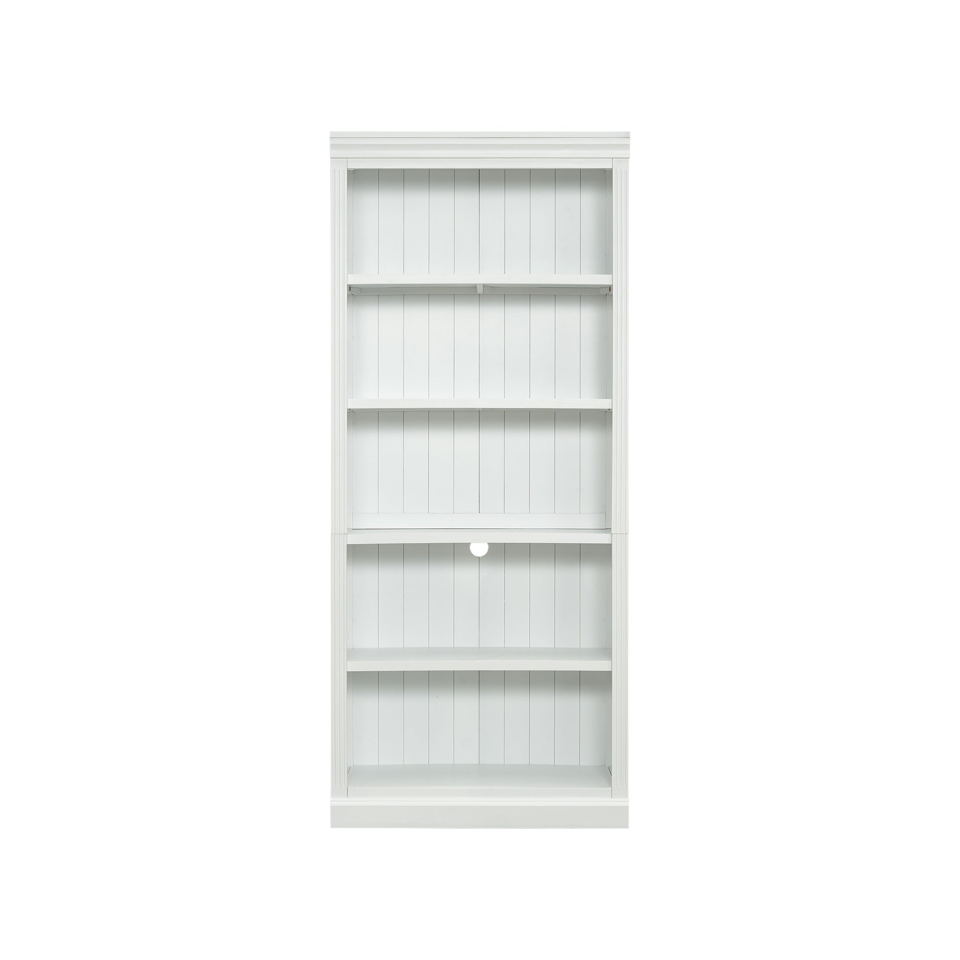 White tall bookshelf with five adjustable shelves and cable management cutout