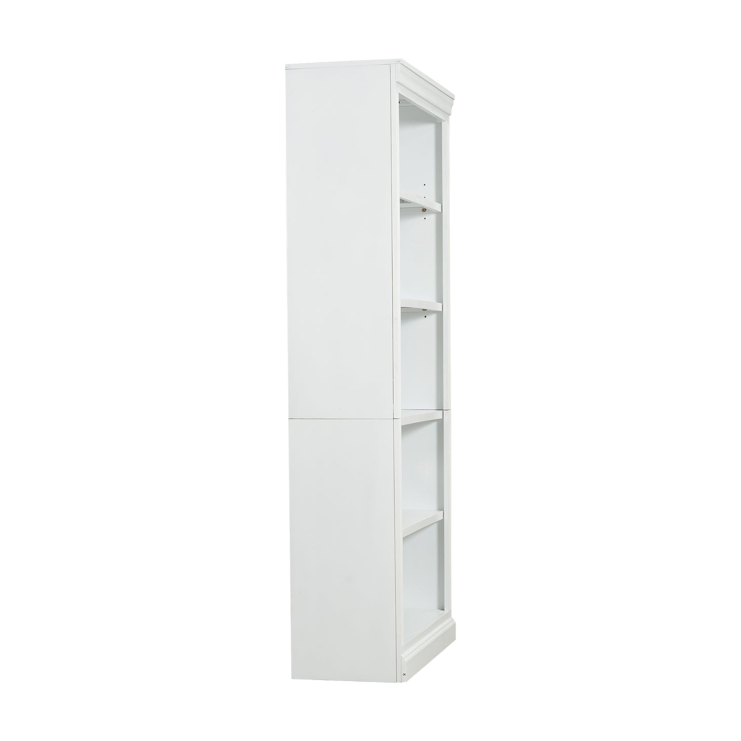 White wooden bookcase with adjustable shelves and classic molding detail