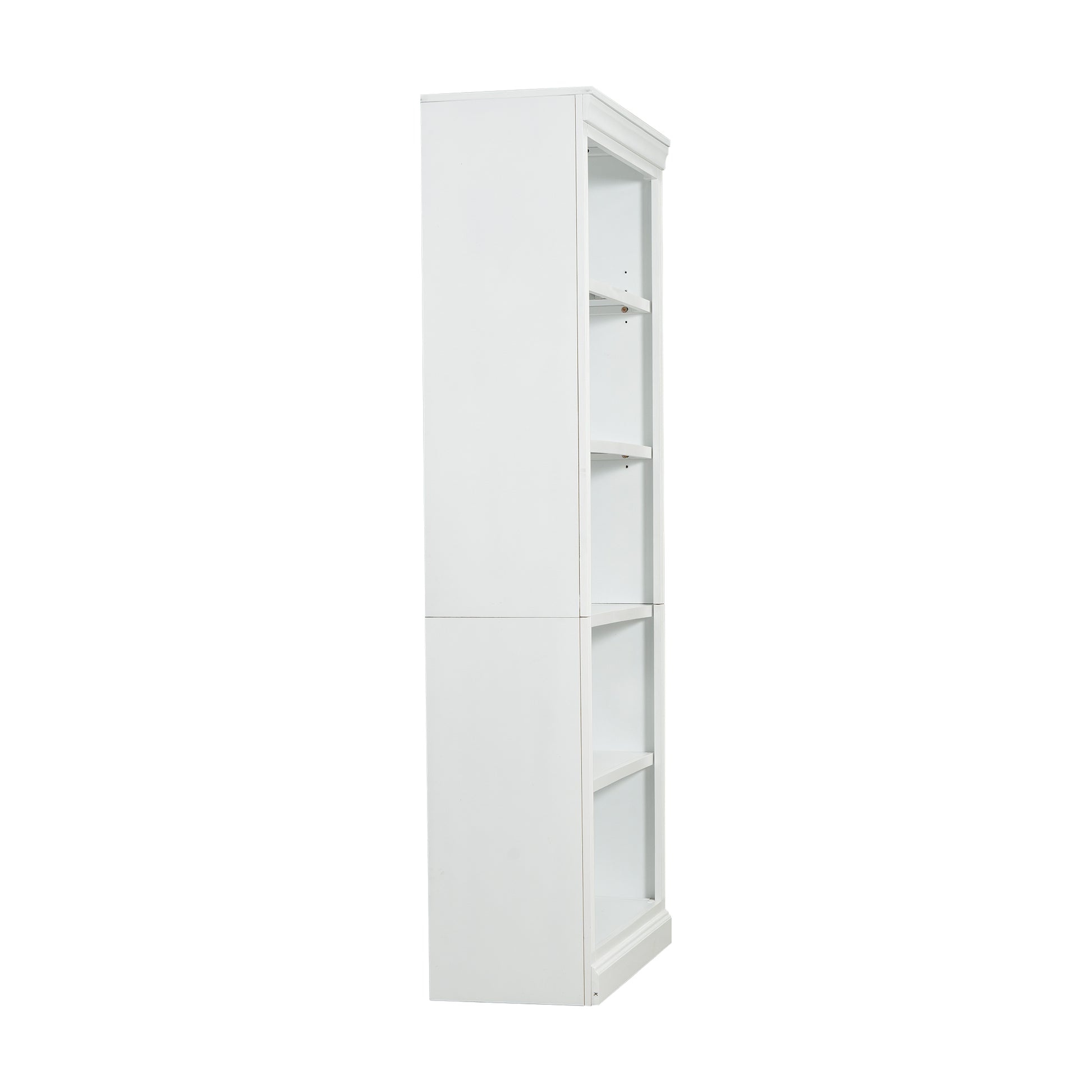 White wooden bookcase with adjustable shelves and classic molding detail