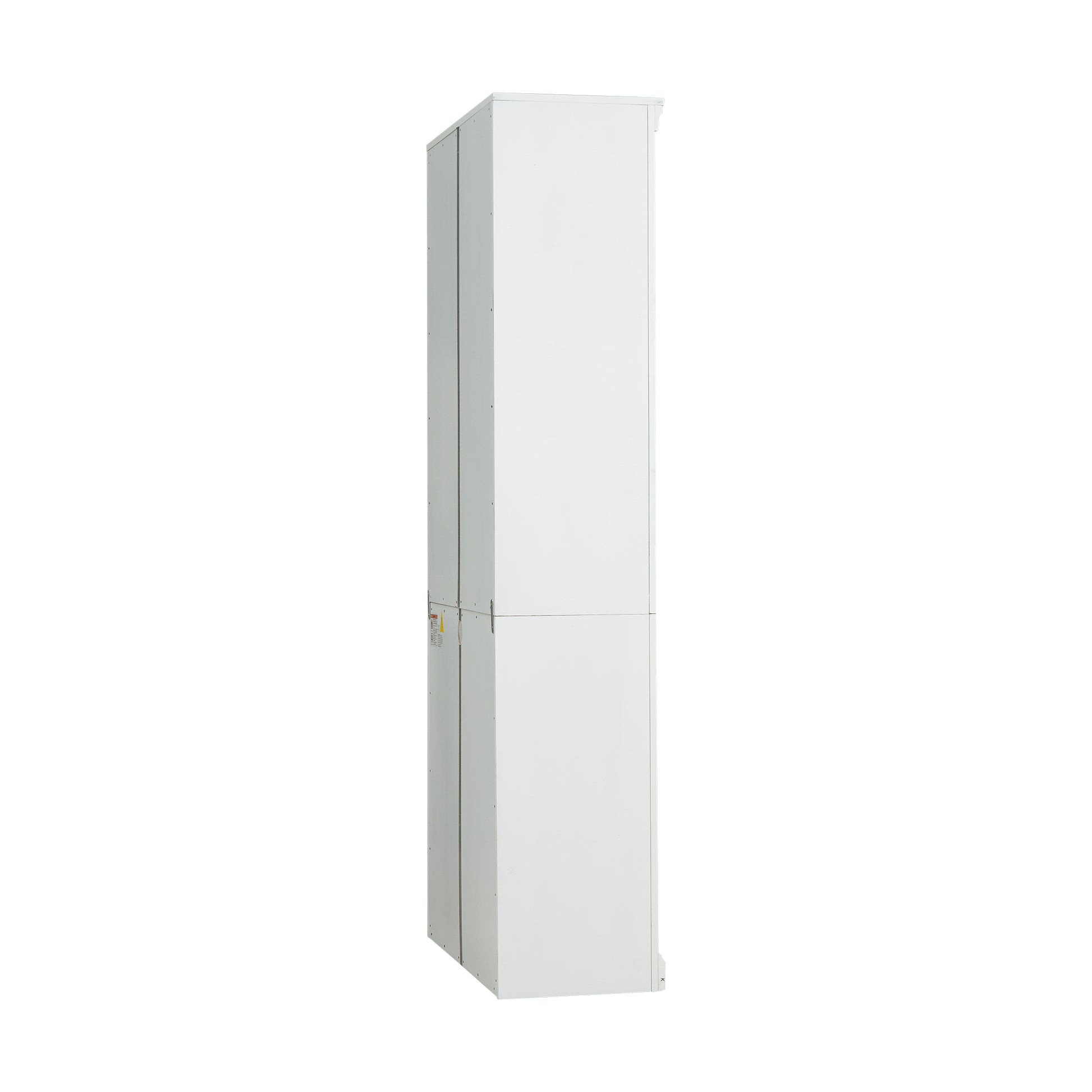 Tall white metal cabinet with subtle seam detail suitable for storage