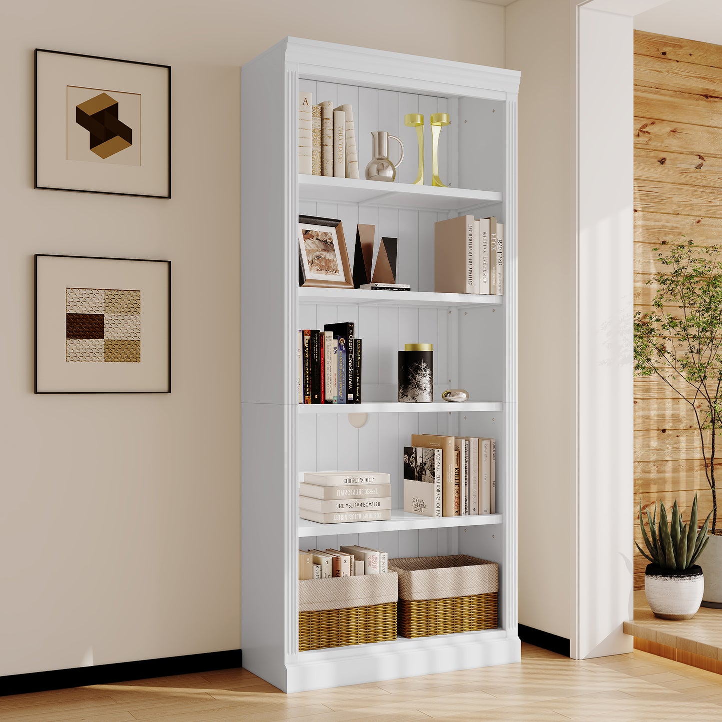 White freestanding bookshelf filled with books and decorative items