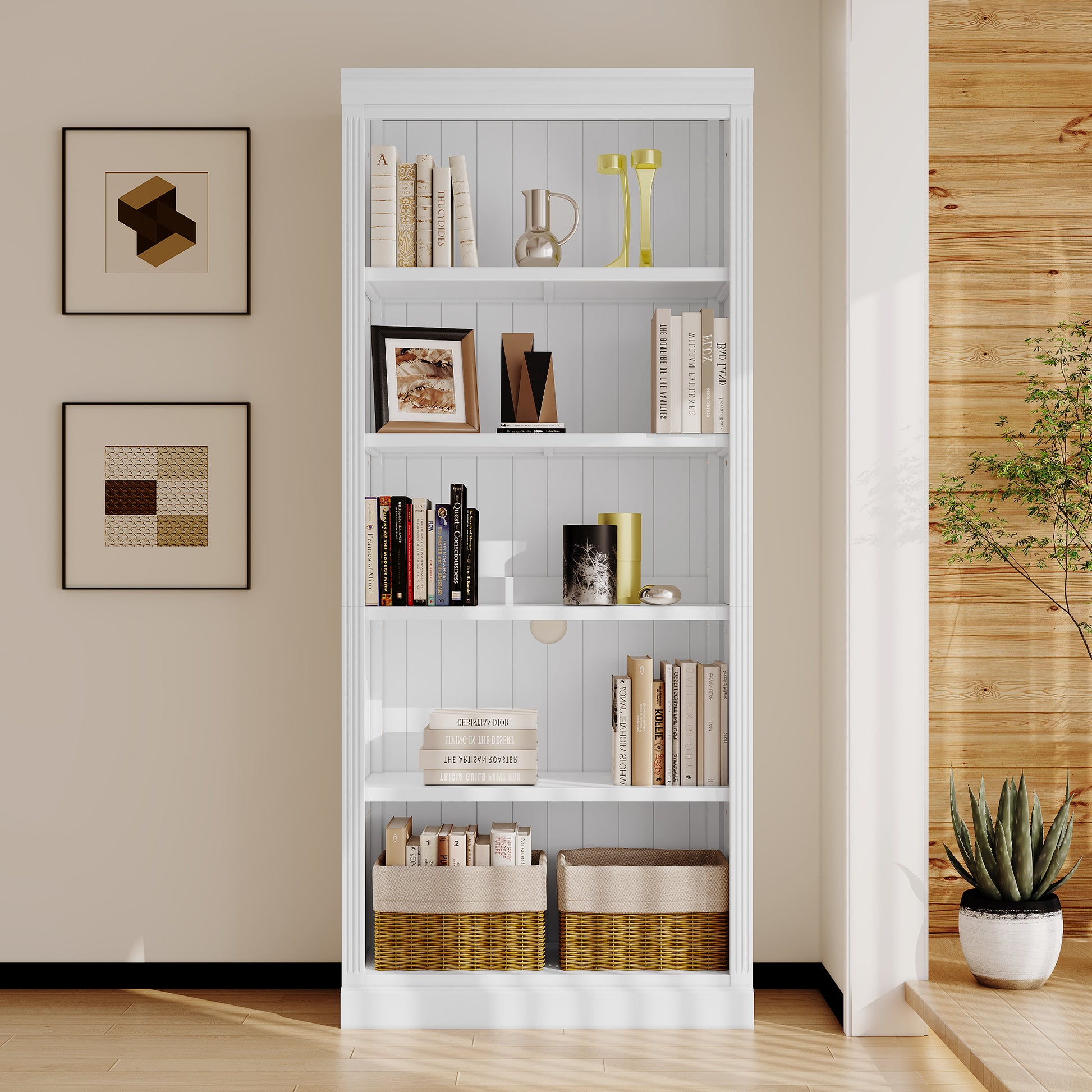 White tiered bookcase filled with books decorative items and woven storage baskets