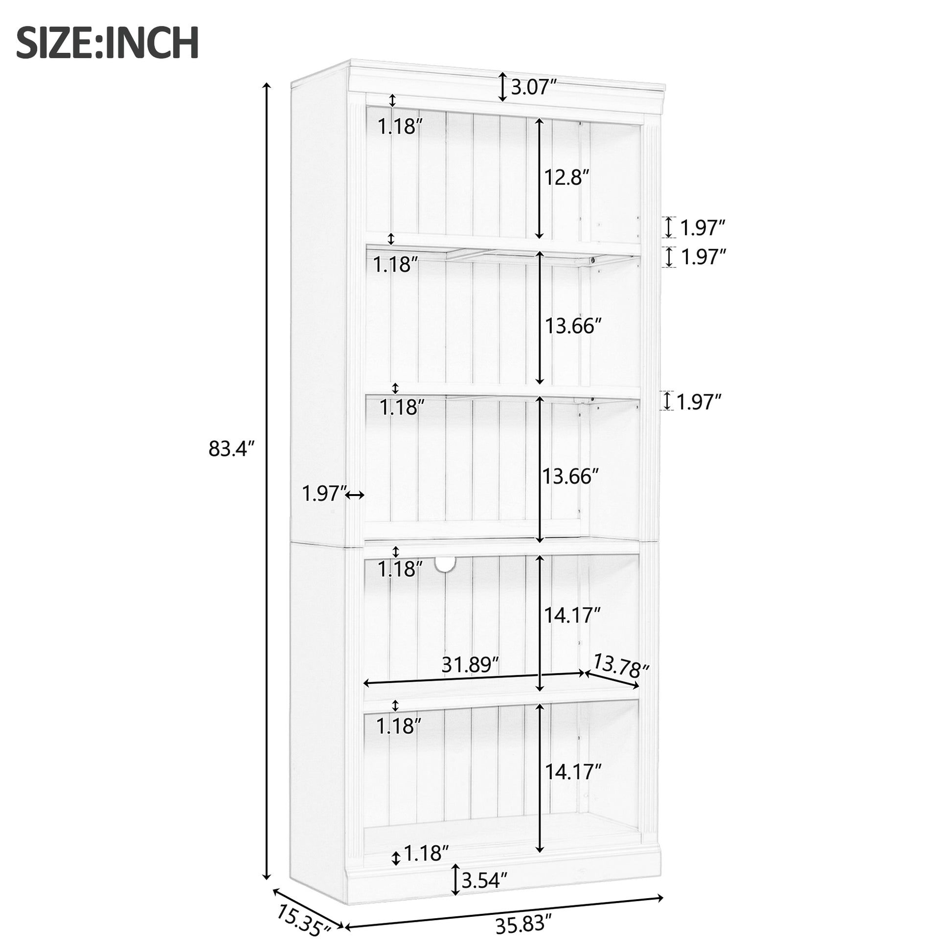 Detailed dimensions of a tall white bookshelf with multiple shelves