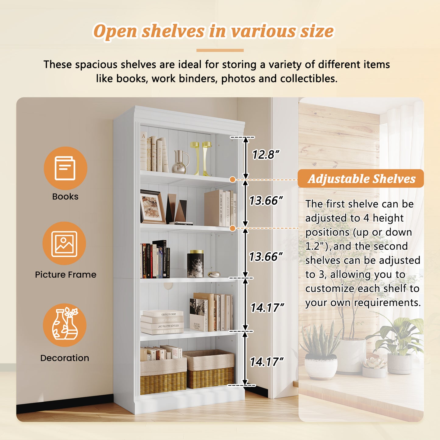 White bookshelf with adjustable shelves displaying books and decorative items