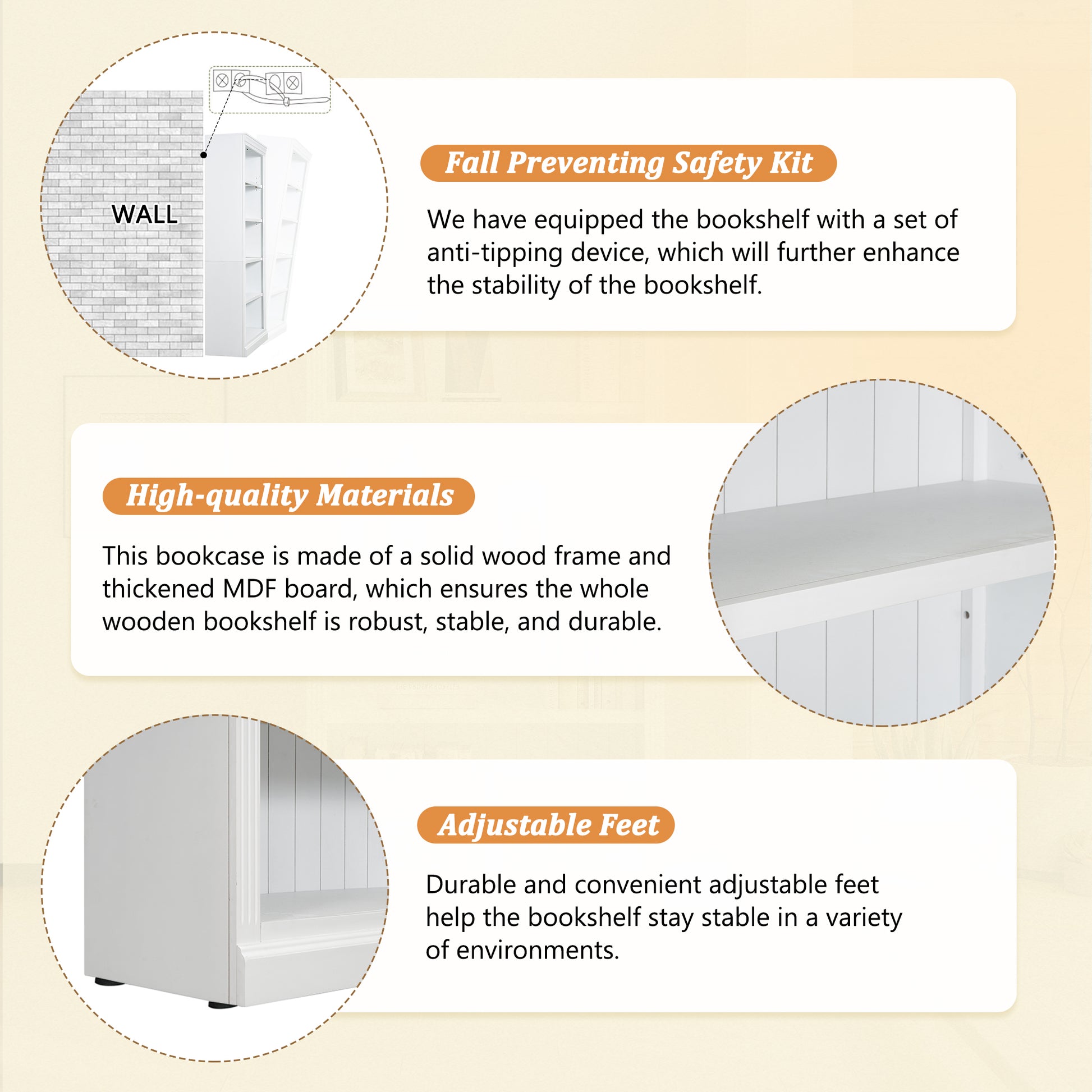 White wooden bookshelf with fall preventing safety kit for stability