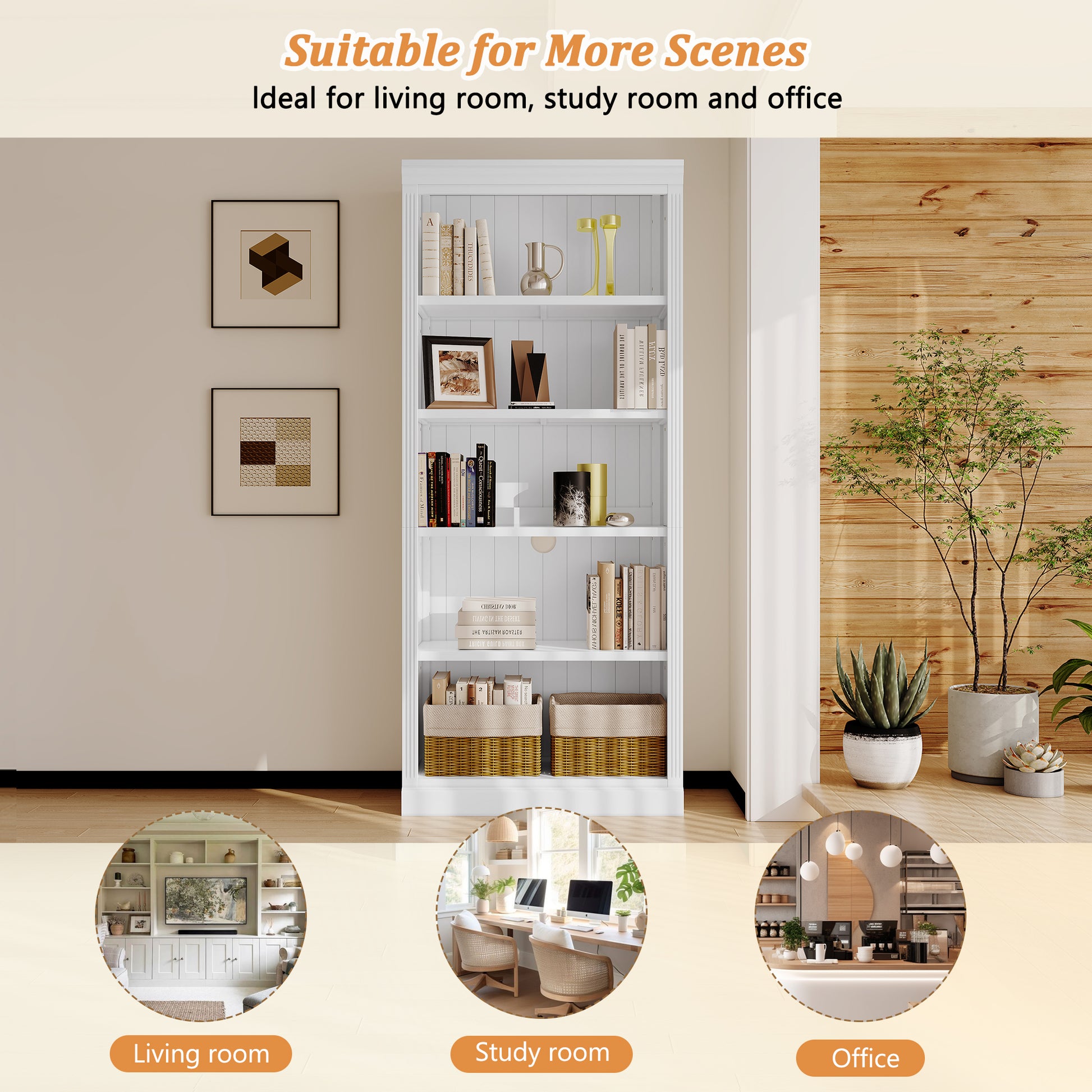 White wooden bookshelf with books and decorative items