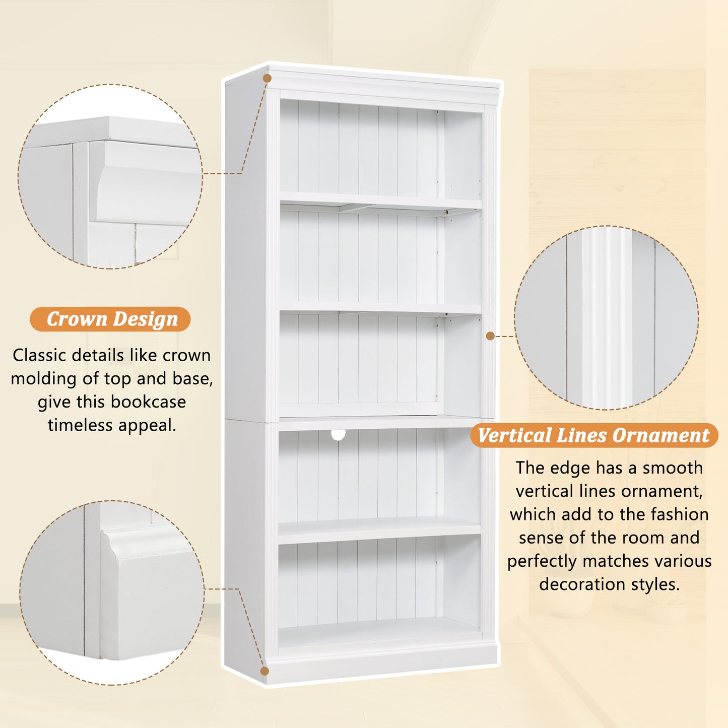 White wooden bookshelf with crown molding detail and vertical line accents