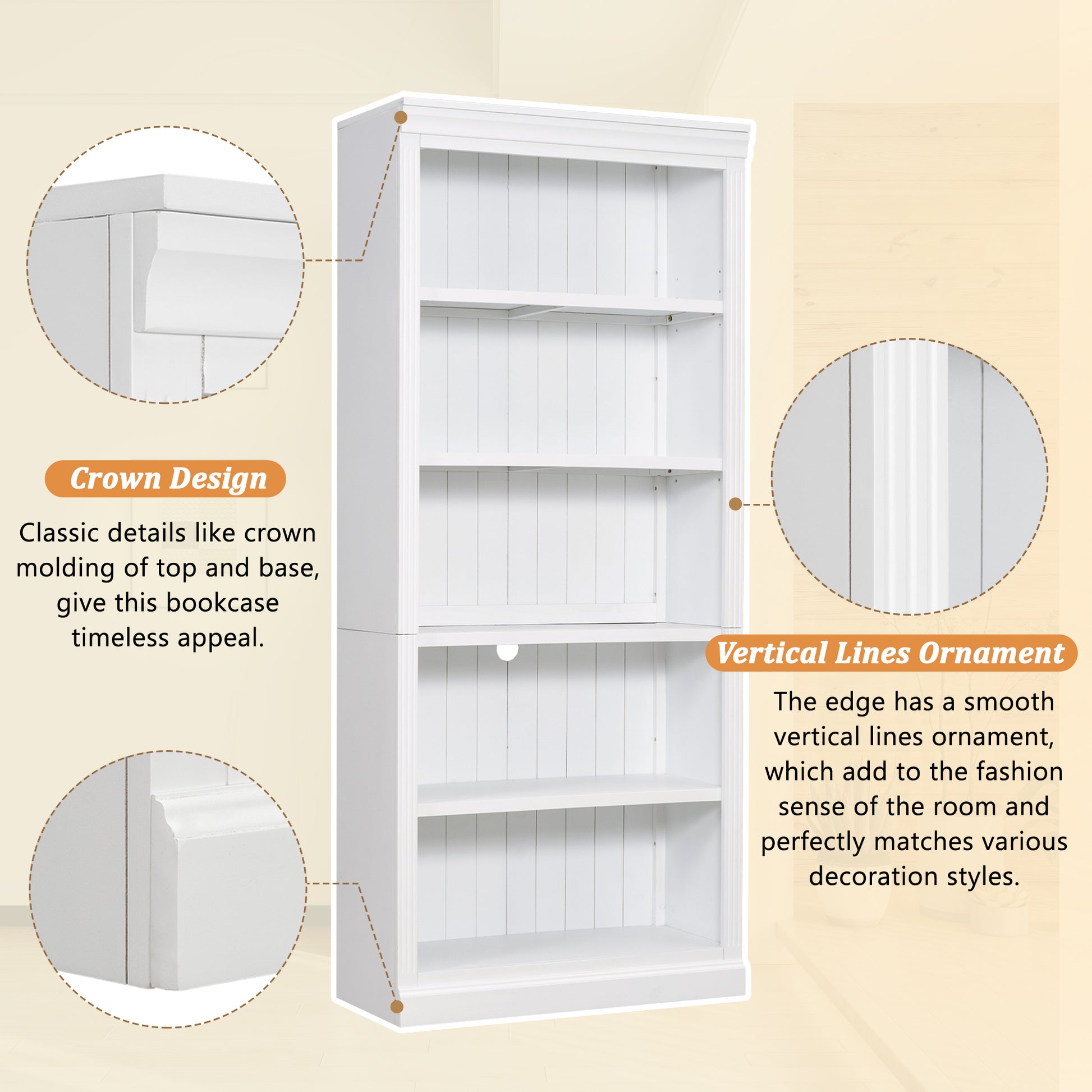 White wooden bookshelf with crown molding detail and vertical line accents
