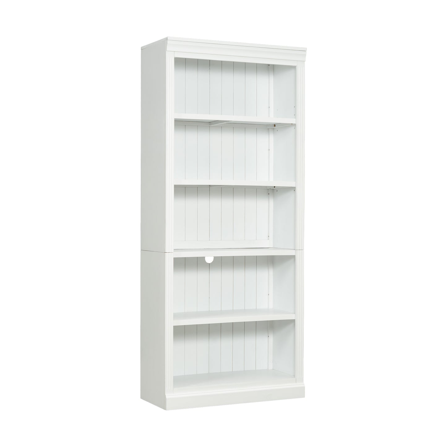 White wooden bookshelf with five shelves for home organization
