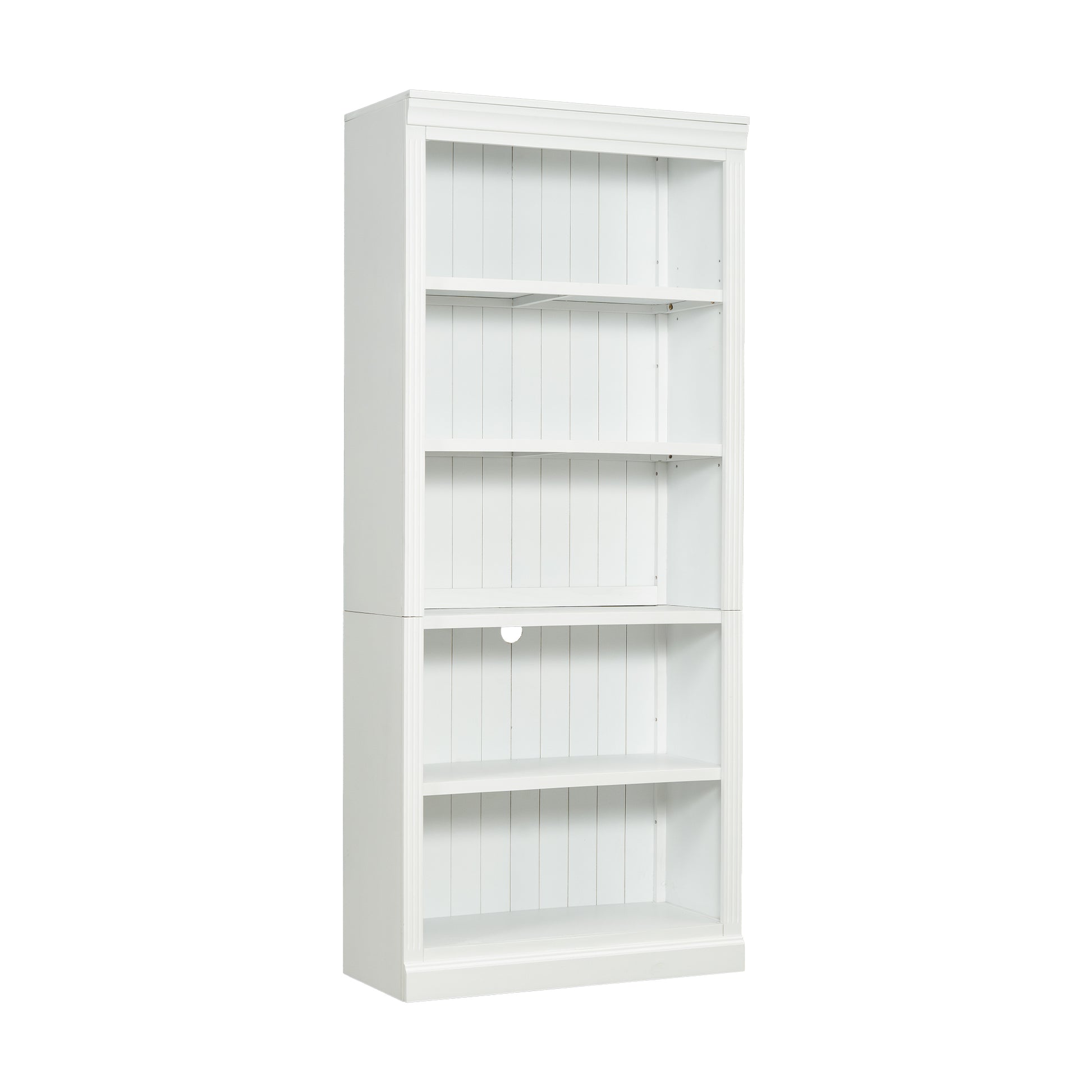 White wooden bookshelf with five shelves for home organization