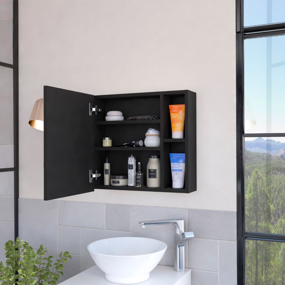 Open black modern medicine cabinet filled with skincare products and toiletries