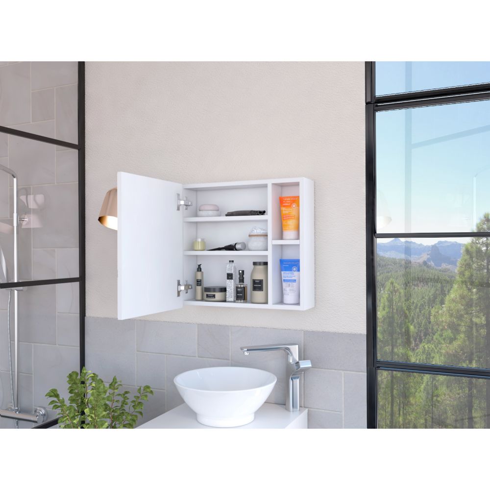 Modern white bathroom medicine cabinet with open door stocked with toiletries
