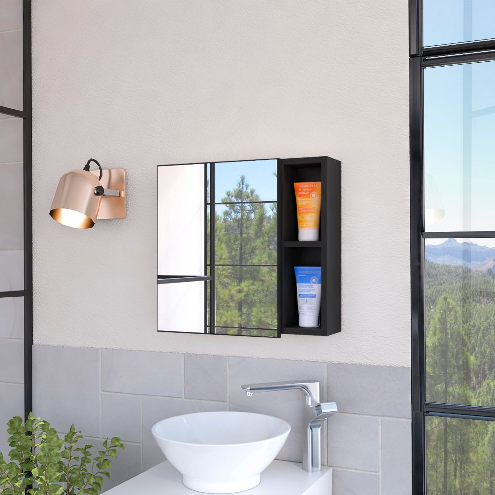 Modern black medicine cabinet with mirrored doors and open shelving
