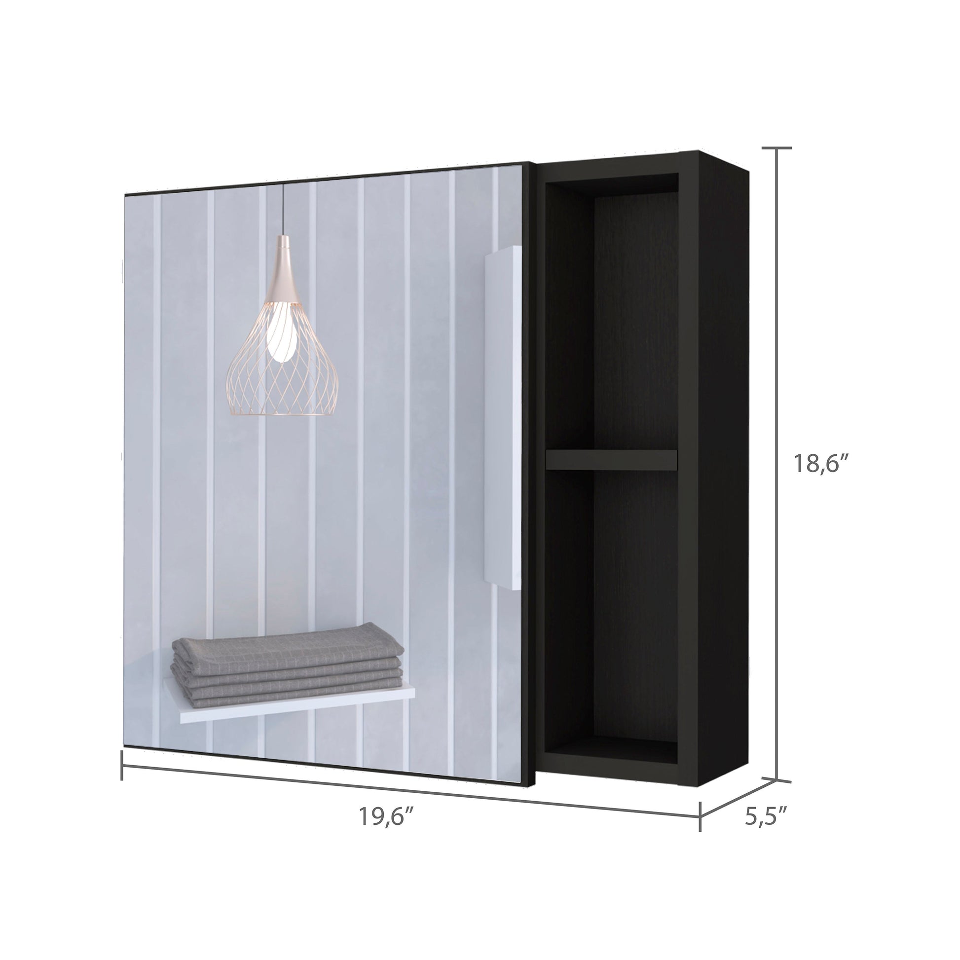Modern black bathroom vanity with integrated shelf and towel storage