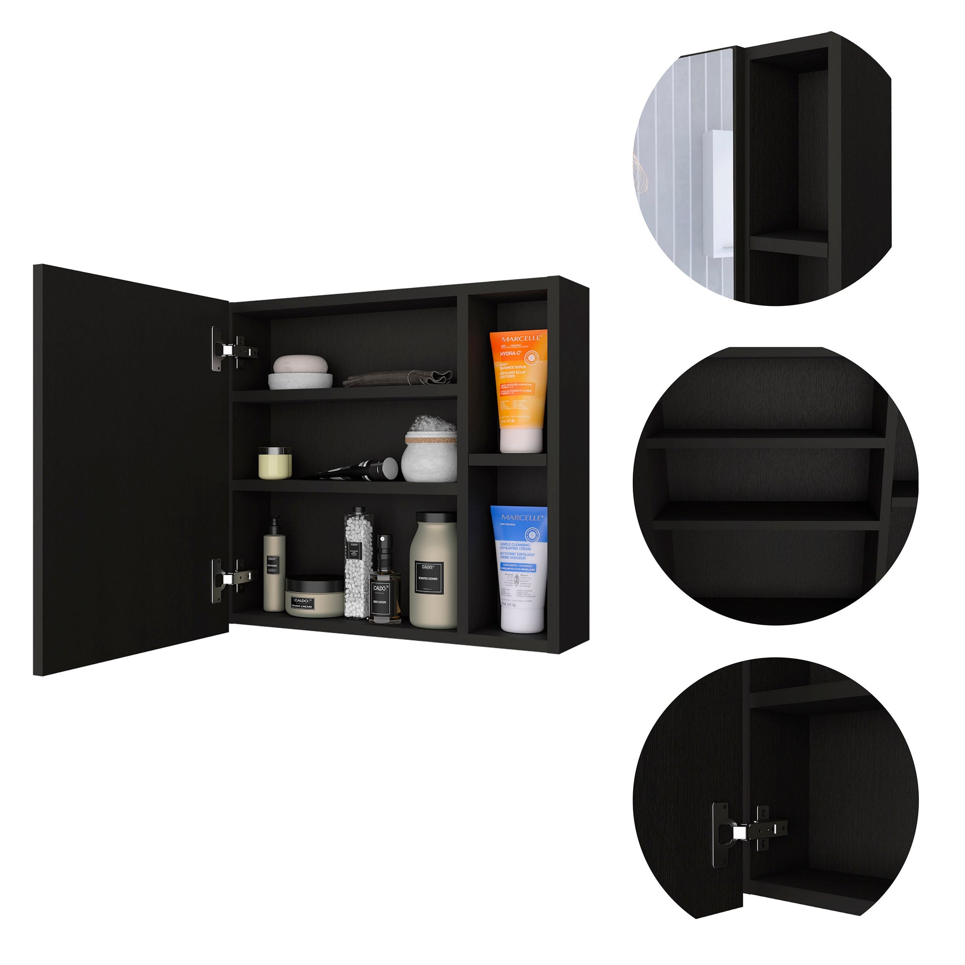 Modern black medicine cabinet with open door showcasing skincare bottles and a face scrub