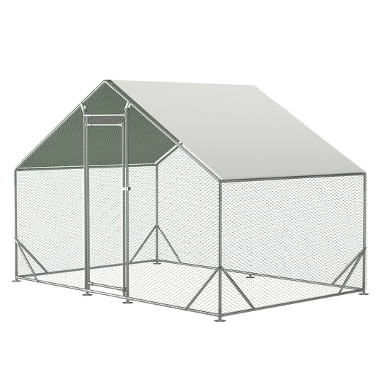 Spacious chicken coop with durable metal frame and green mesh walls for poultry