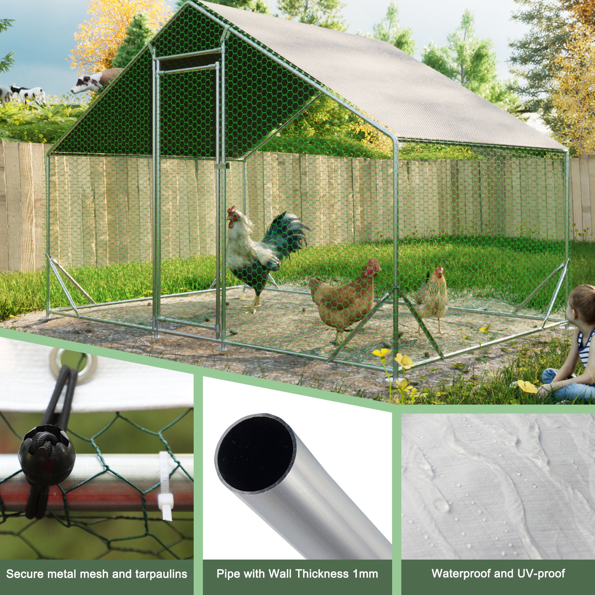 Large outdoor chicken coop with green mesh and a peaked roof housing two chickens