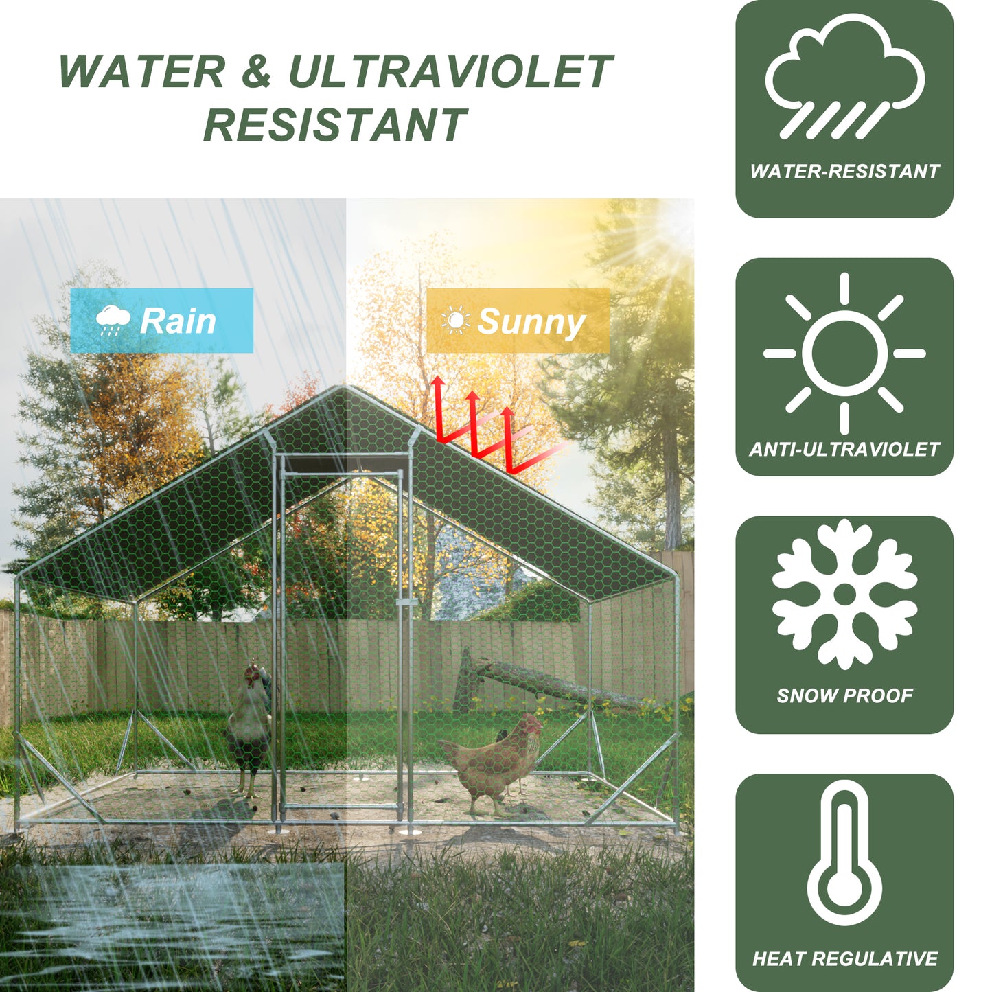 Large hexagonal mesh chicken coop structure with two chickens inside showcasing its rain and sun protection