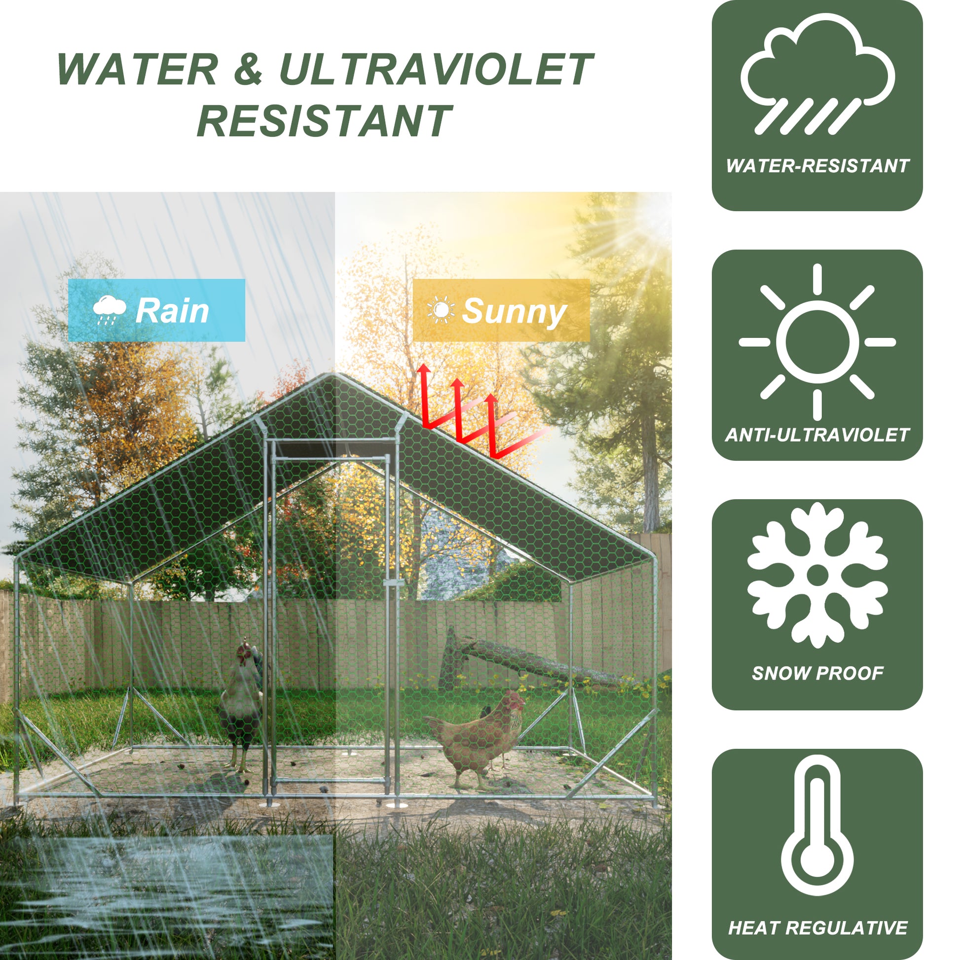 Large hexagonal mesh chicken coop structure with two chickens inside showcasing its rain and sun protection