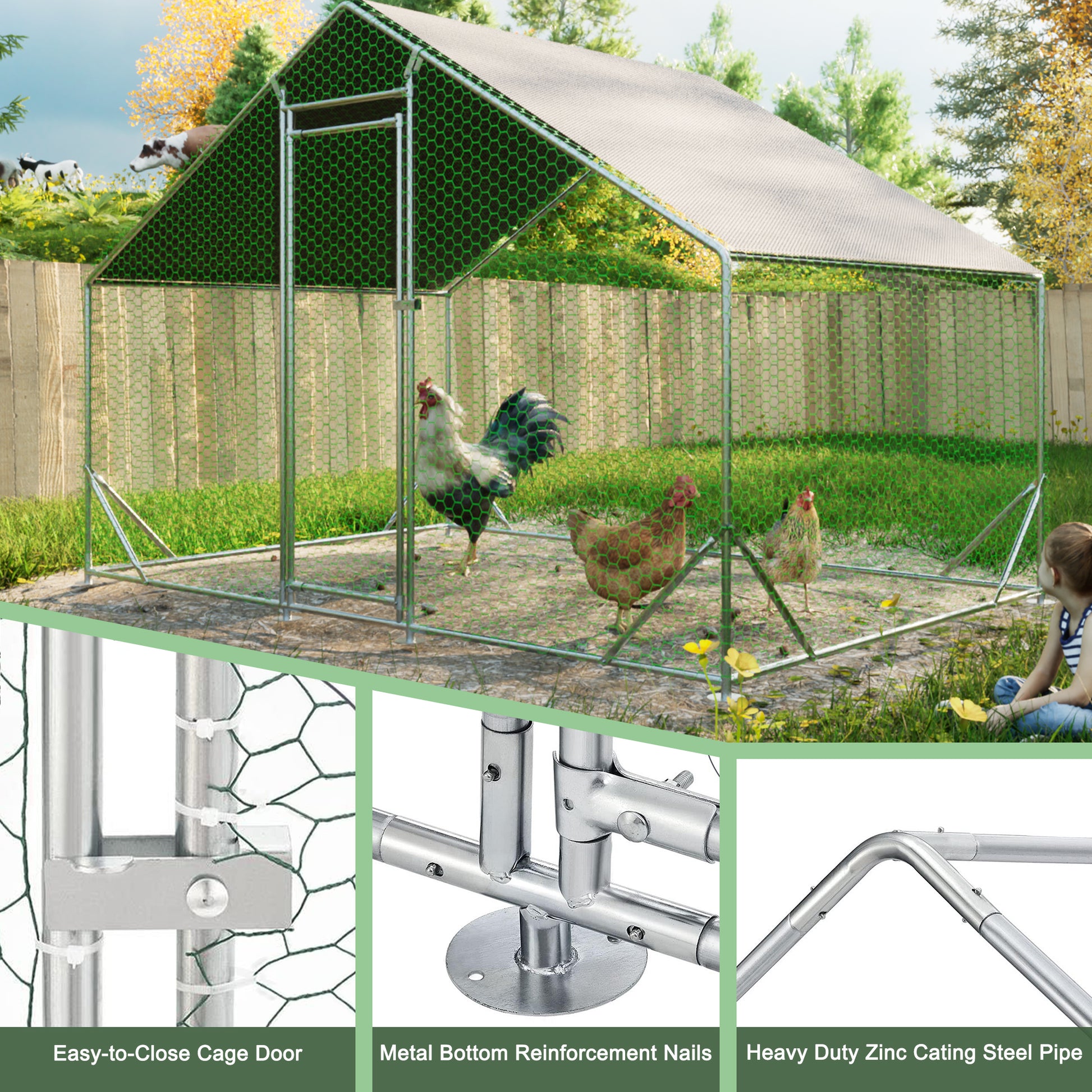 Large walkin chicken coop with green hexagonal wire mesh and a grey roof featuring two hens and a rooster