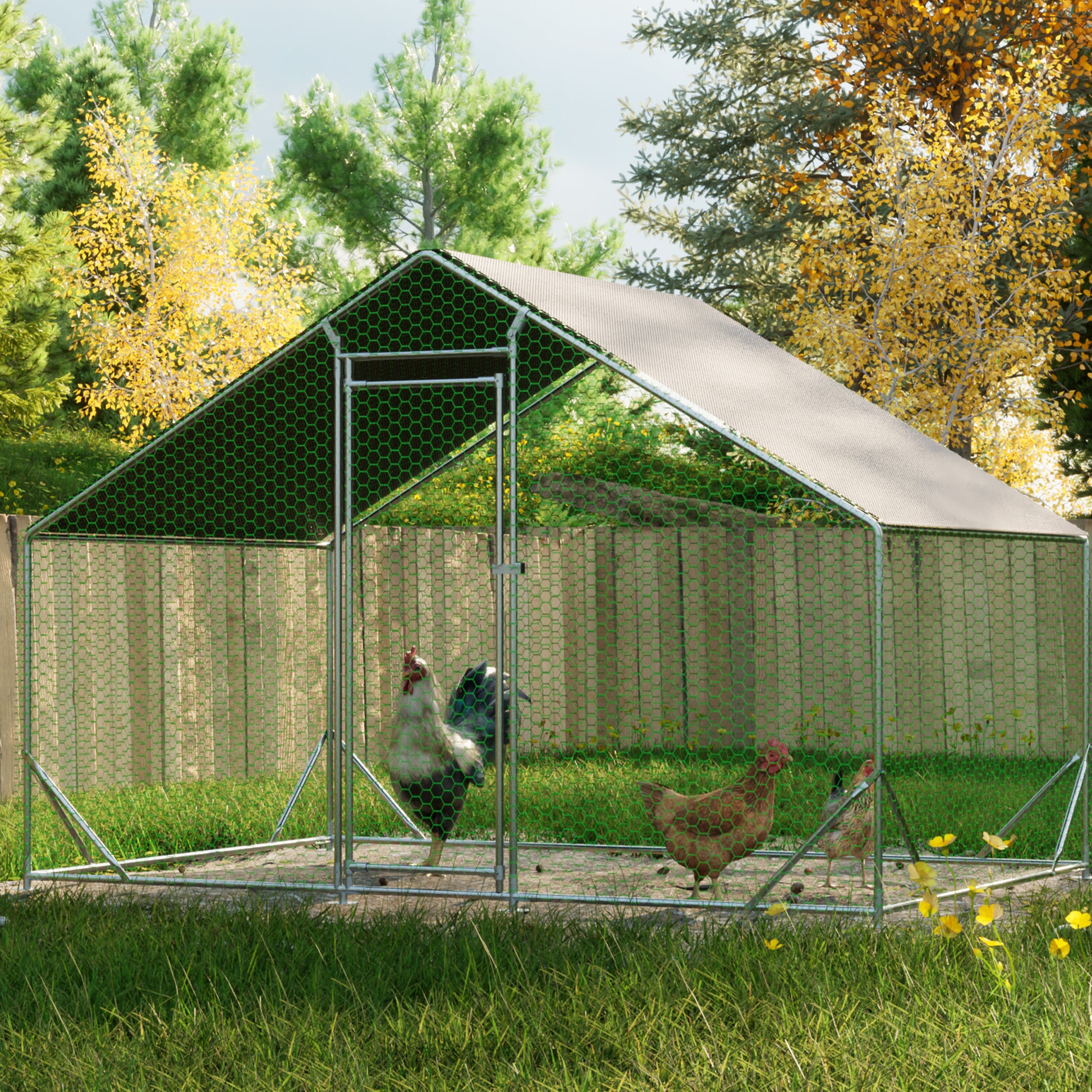 Spacious metal frame chicken coop with green mesh enclosure and builtin run